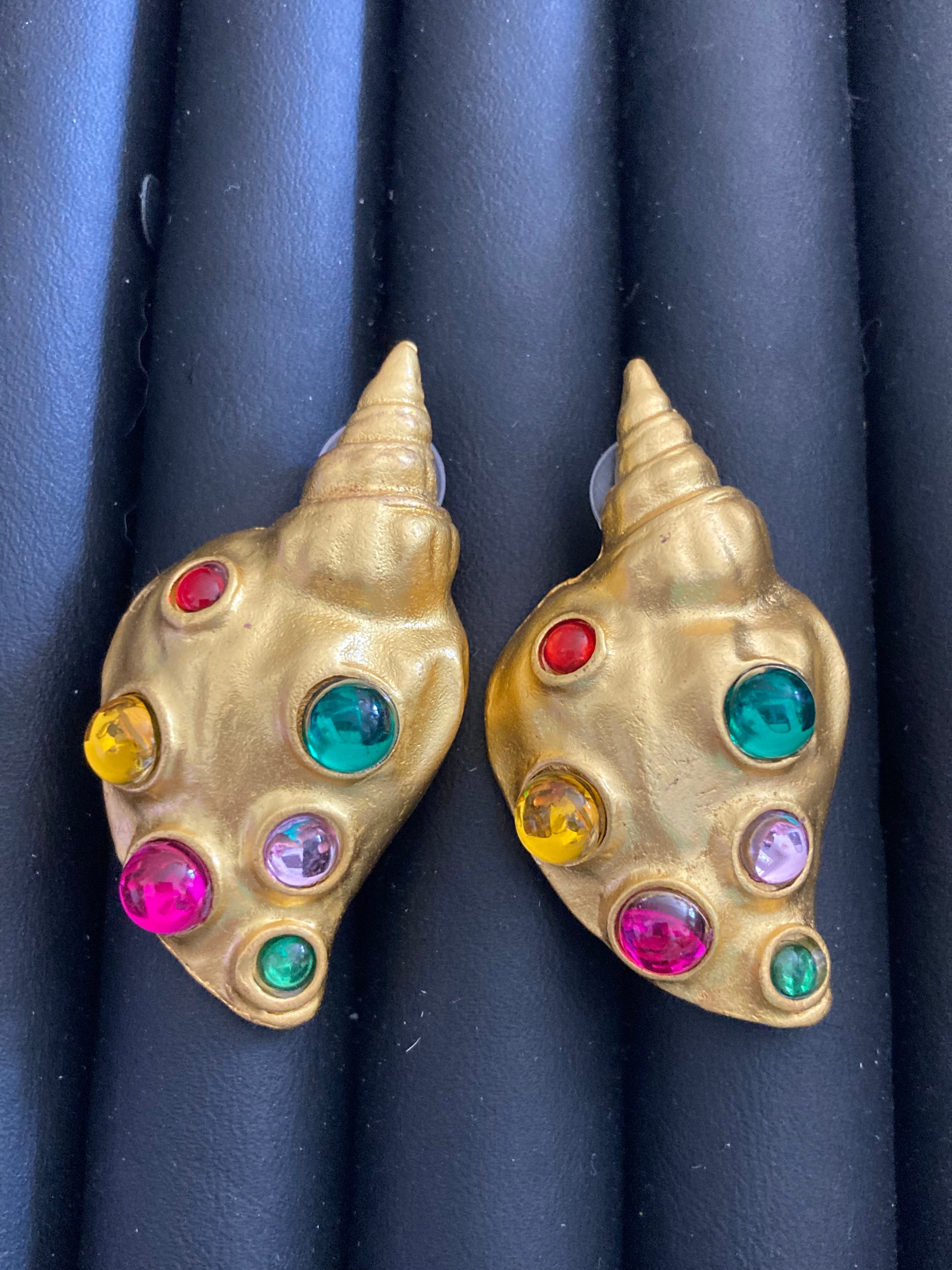 Oversized gold tone shell nautical earrings with rainbow gripoix style cabochon pierced