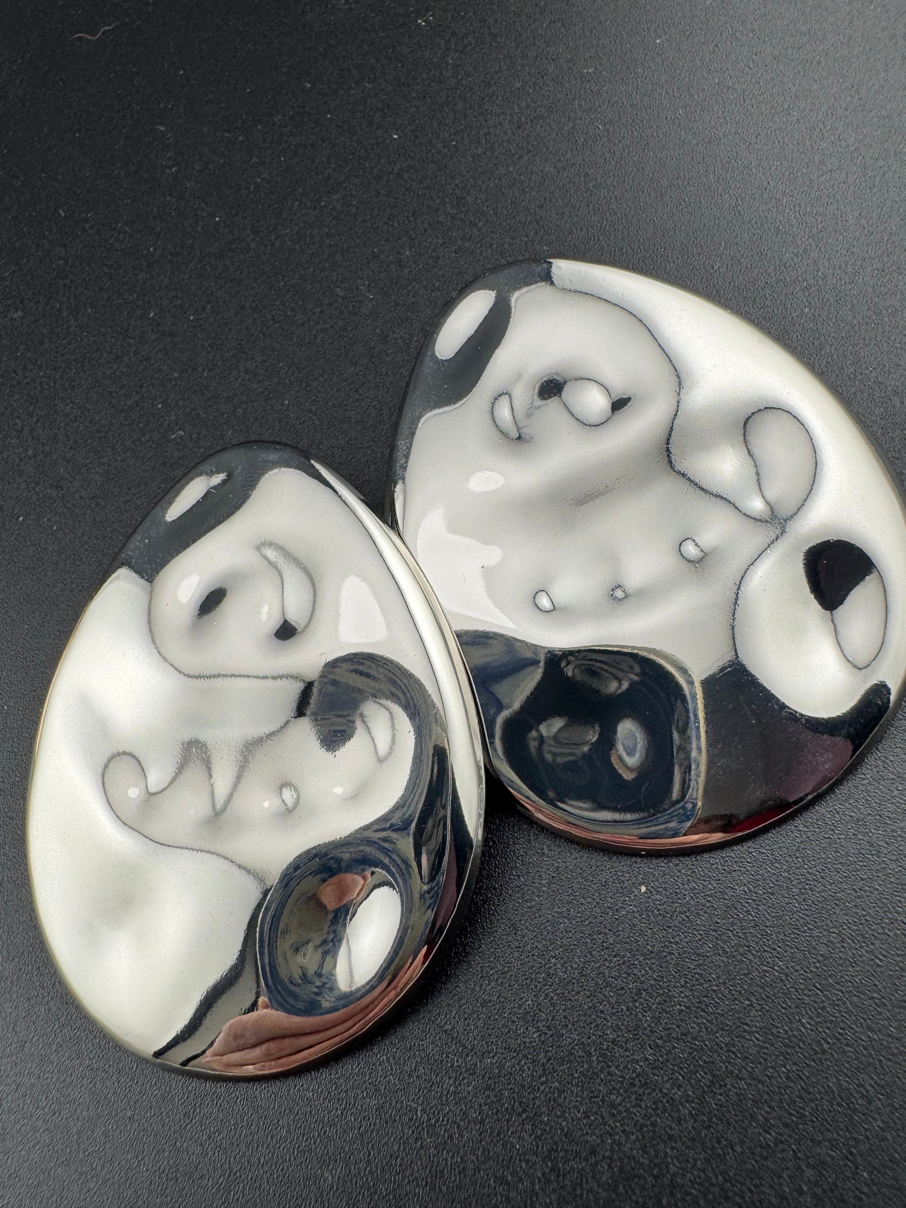 Oversized gold and silver tone flat abstract oval huge stud earrings pierced