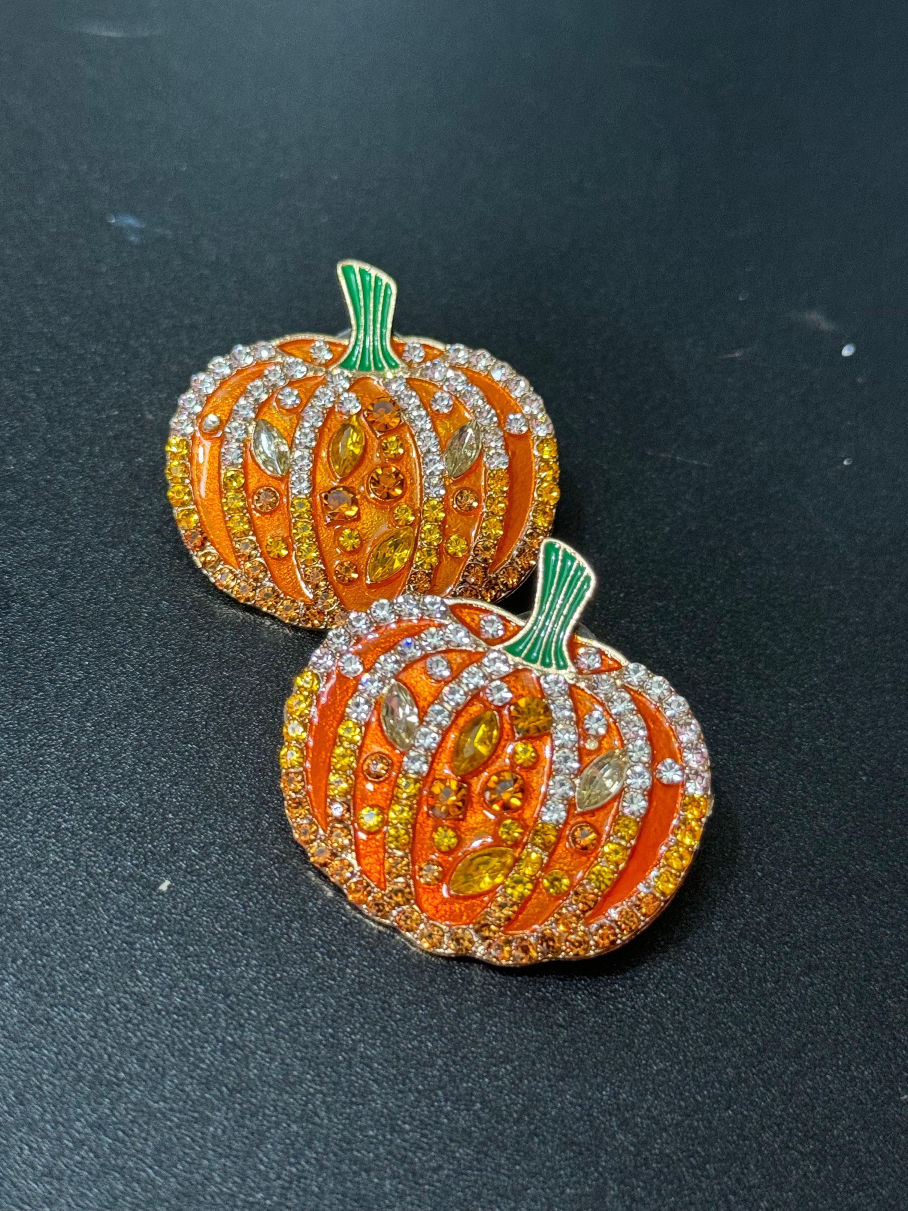 Oversized crystal orange enamel pumpkin earrings pierced