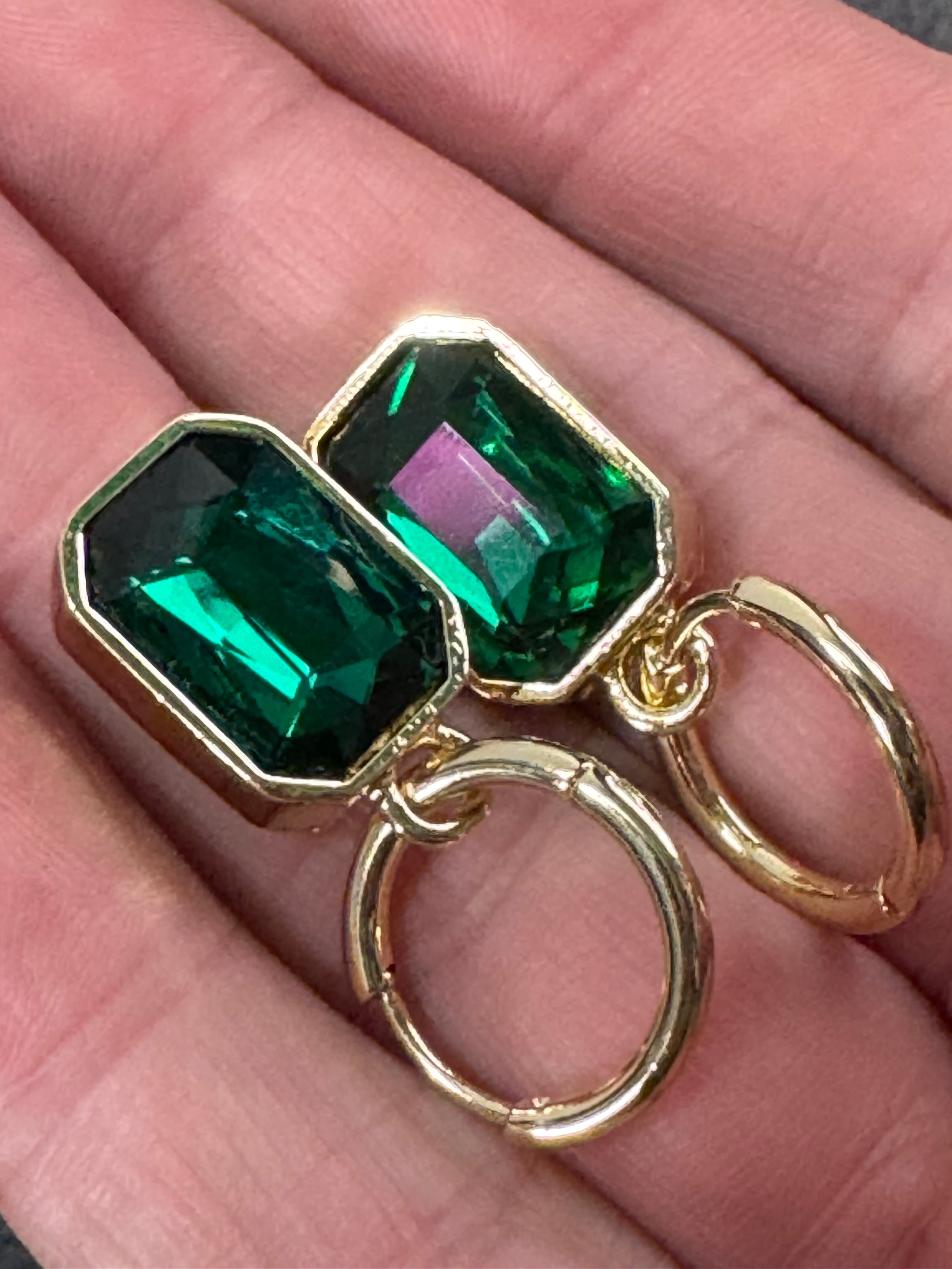 Emerald green diamond glass crystal octagonal charm small hoop earrings pierced, gold plated