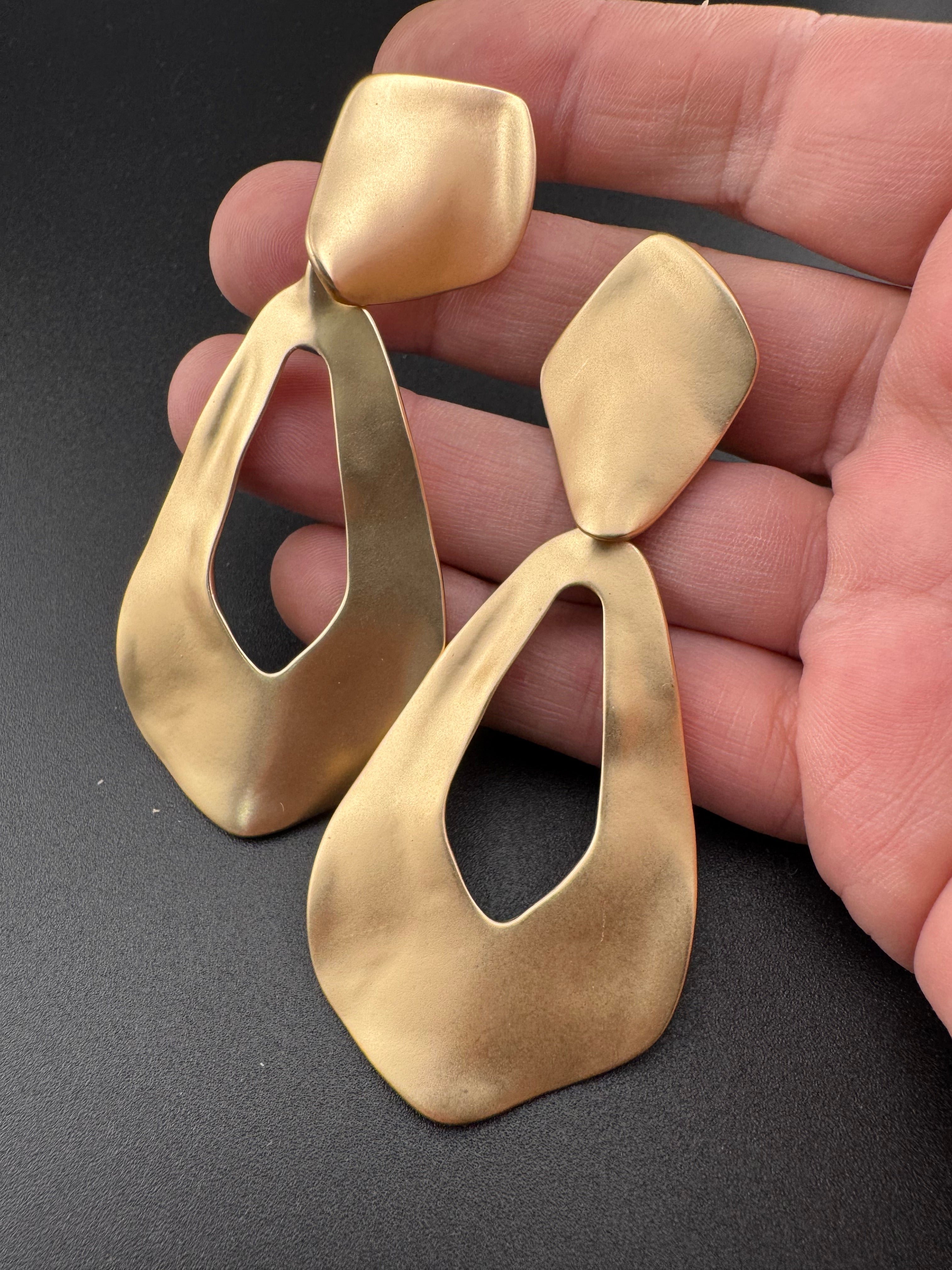 Matt gold tone oversized door knocker clip on earrings, Etruscan style