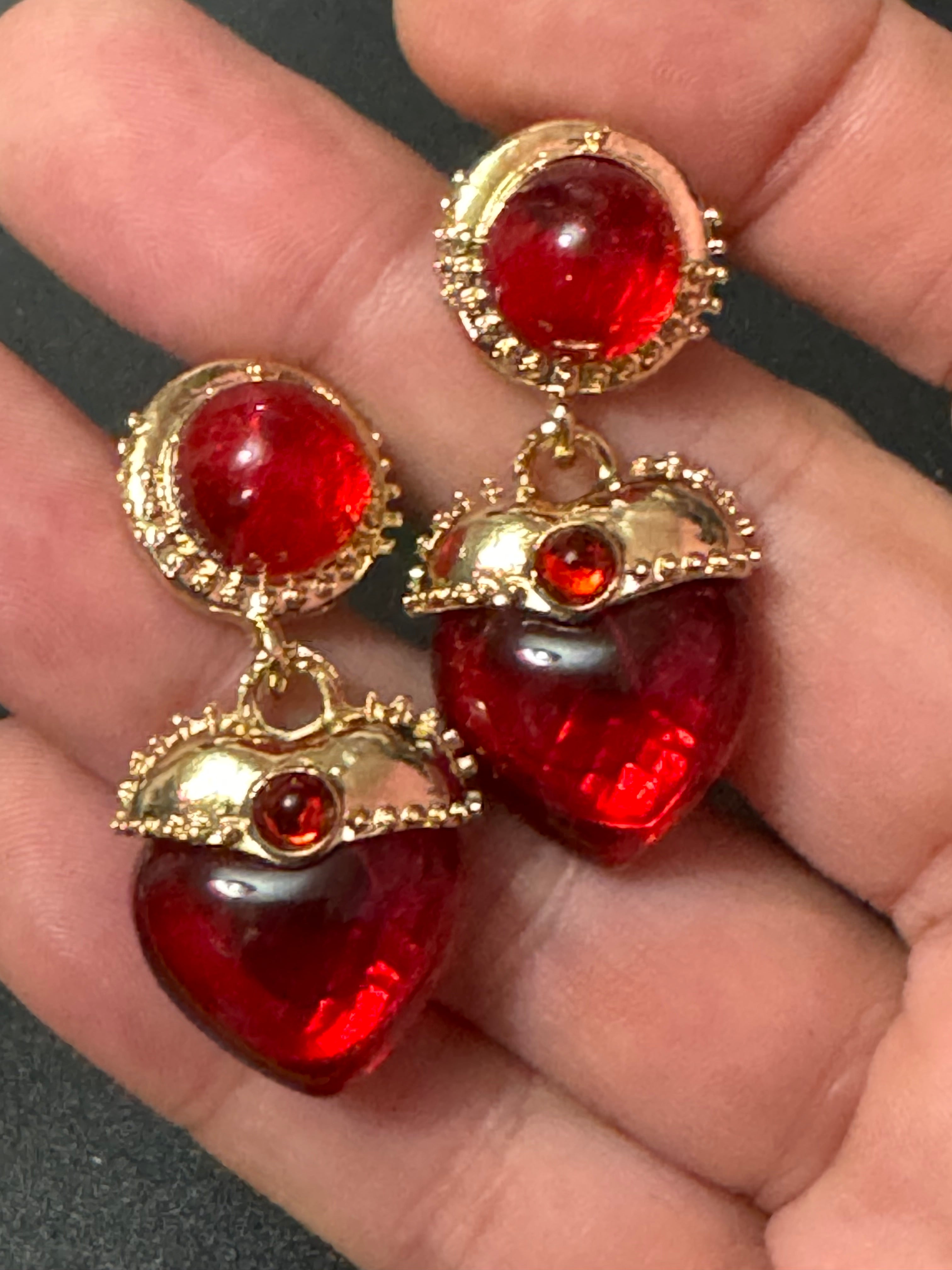 Oversized medieval style ruby red love heart cabochon drop earrings gold tone