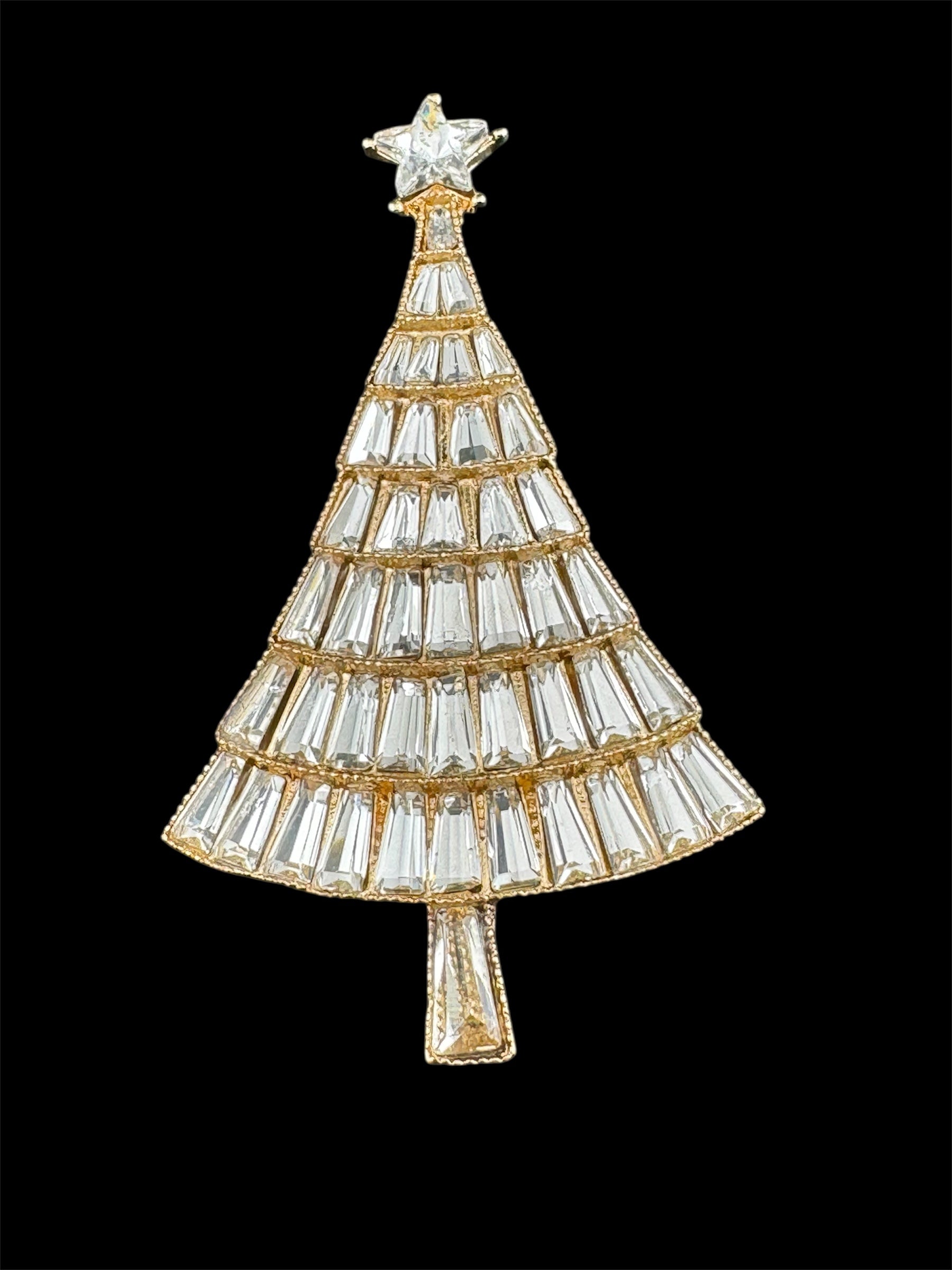 Baguette Crystal diamanté Christmas tree brooch, gold