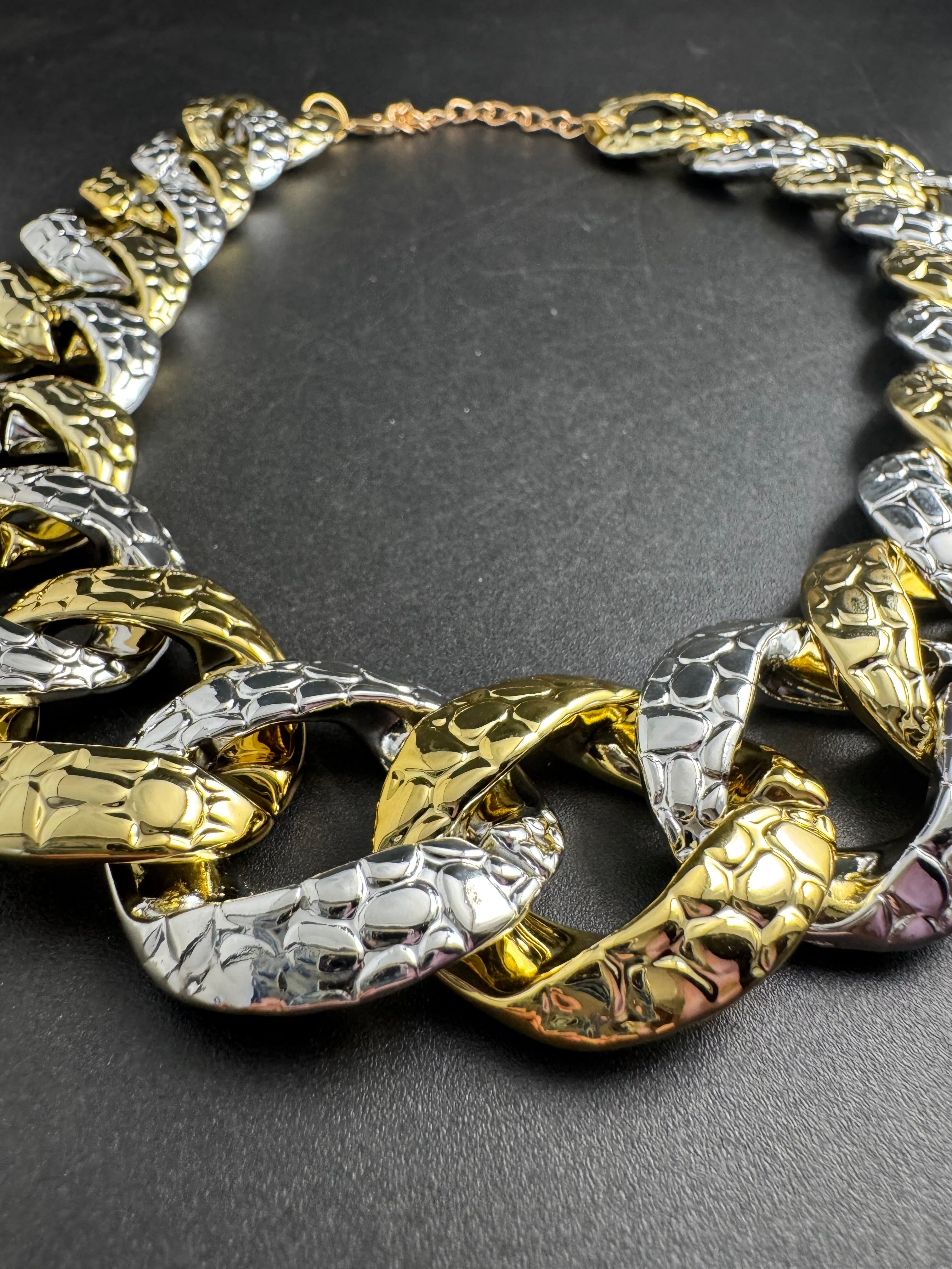 Chunky acrylic gold and silver curb link choker necklace, oversized jewellery
