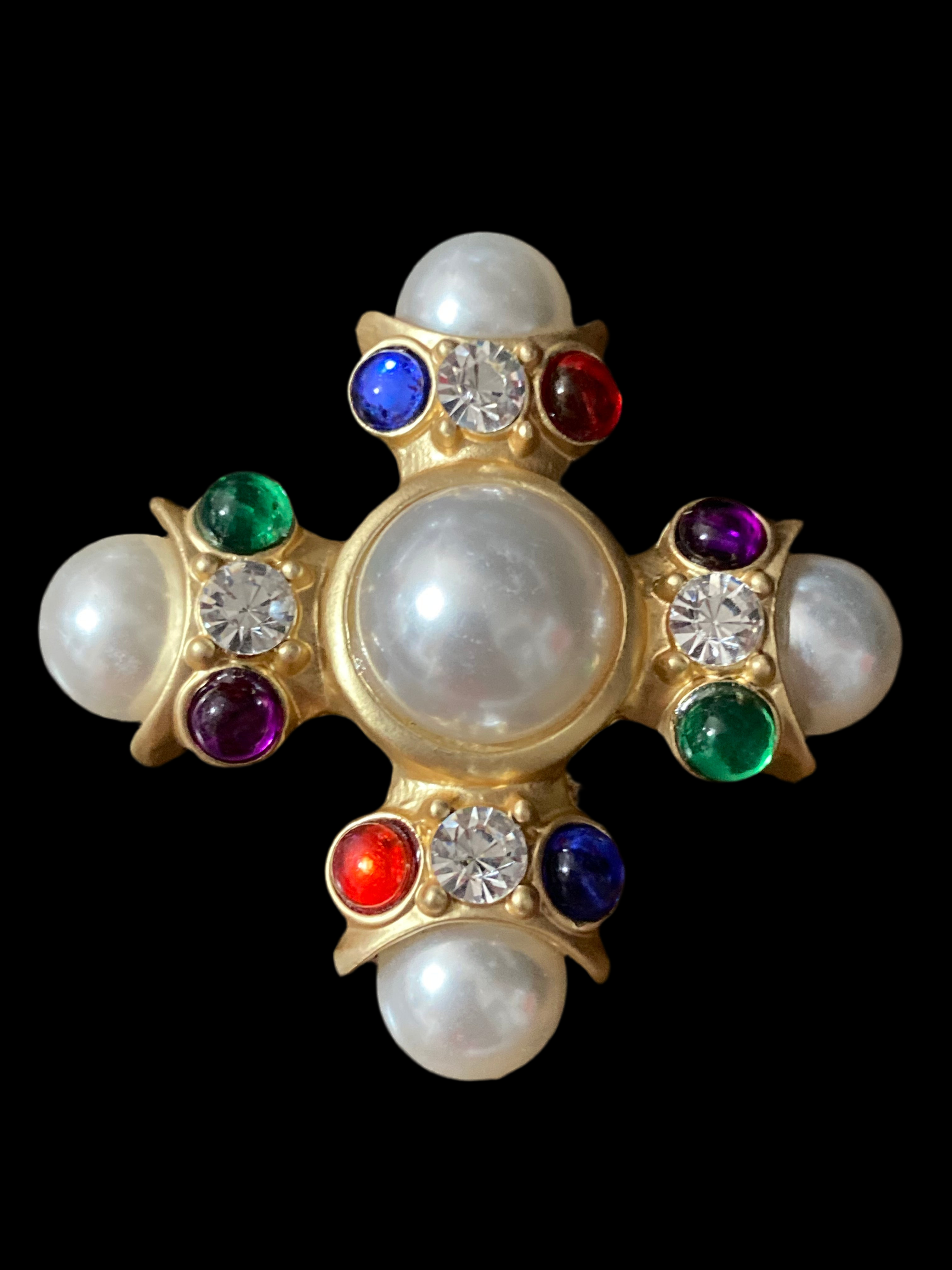 Large diamanté pearl Maltese cross brooch and pendant