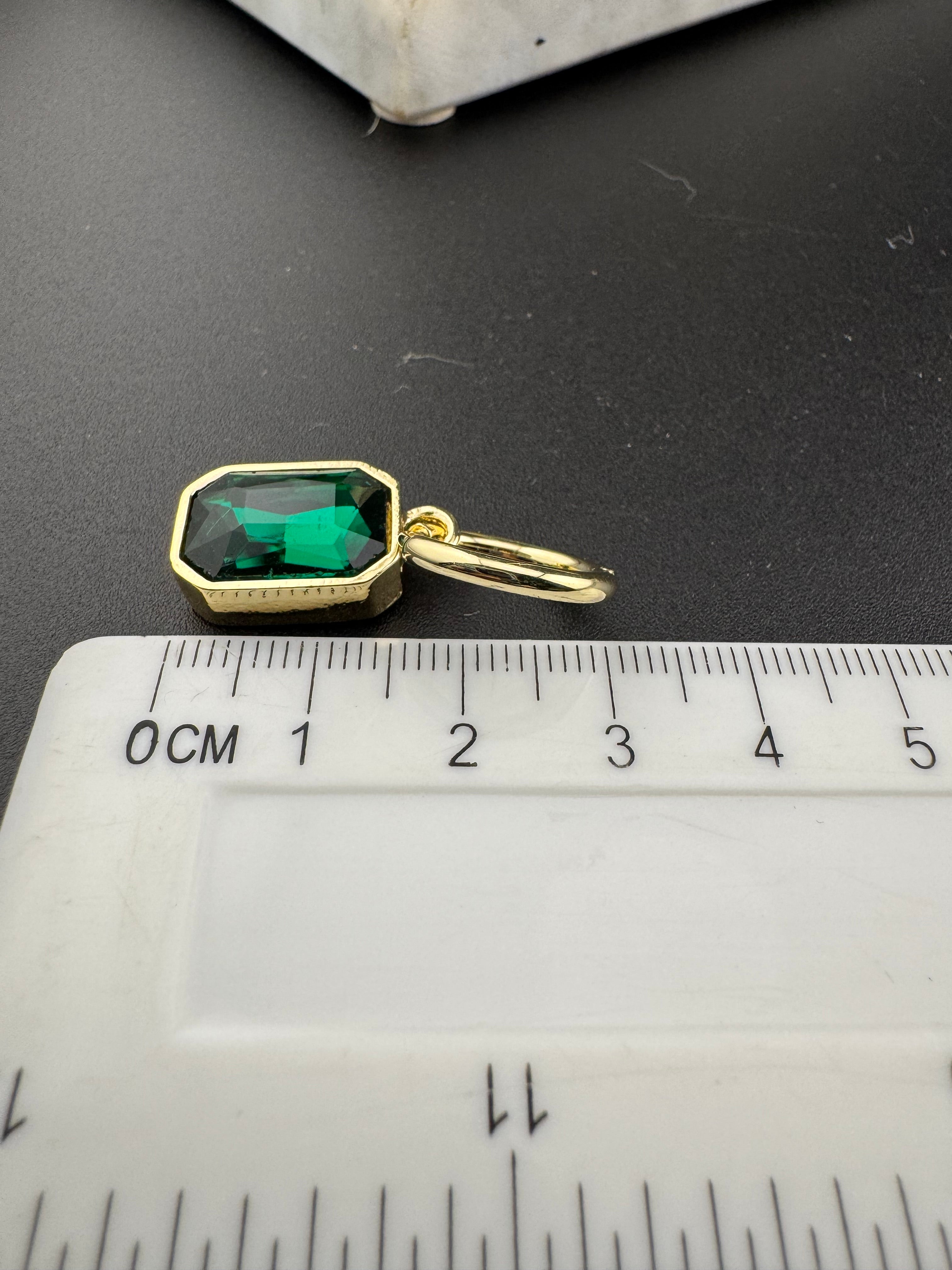 Emerald green diamond glass crystal octagonal charm small hoop earrings pierced, gold plated