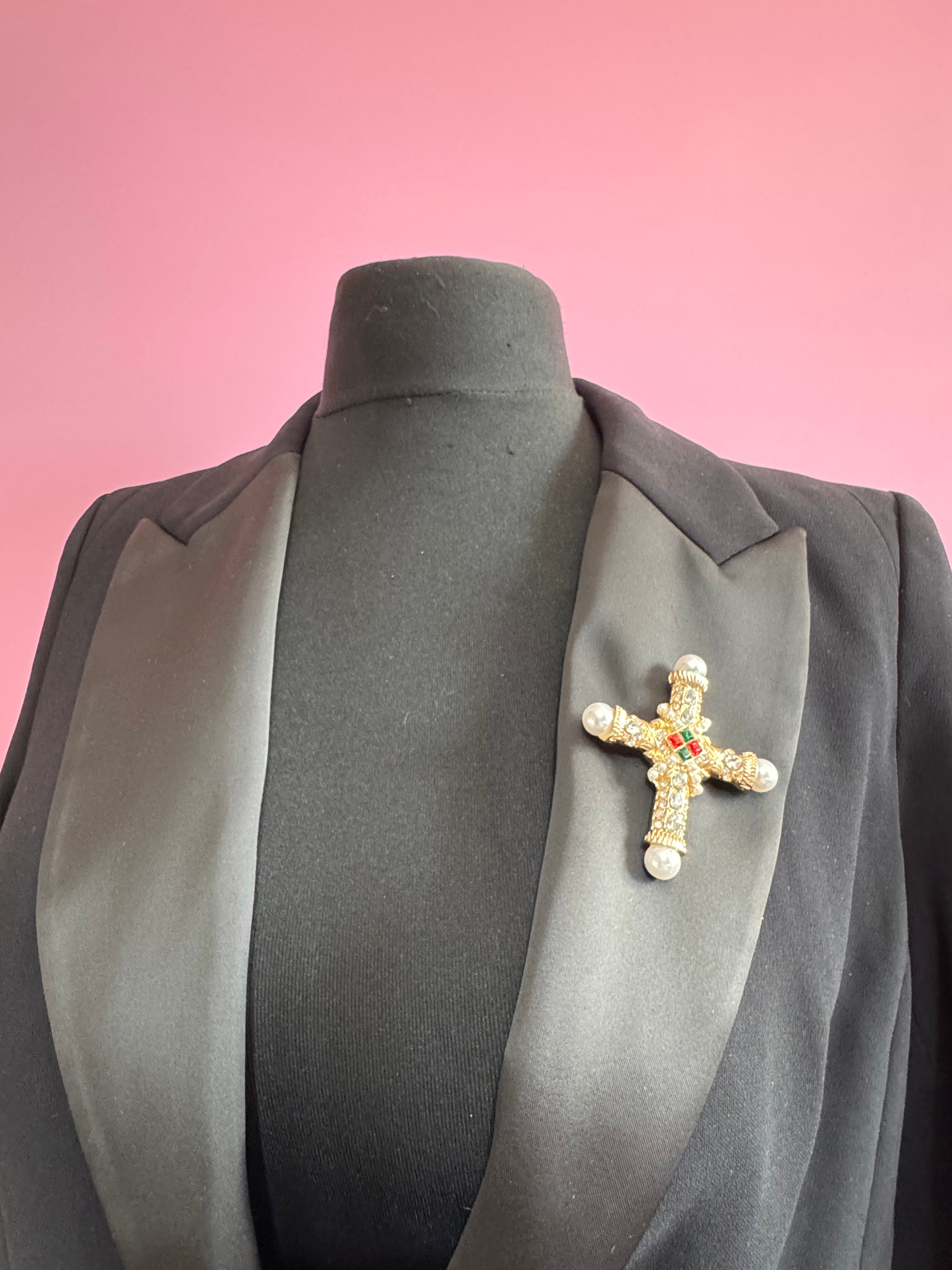 gold cross brooch and pendant with pearl and diamanté