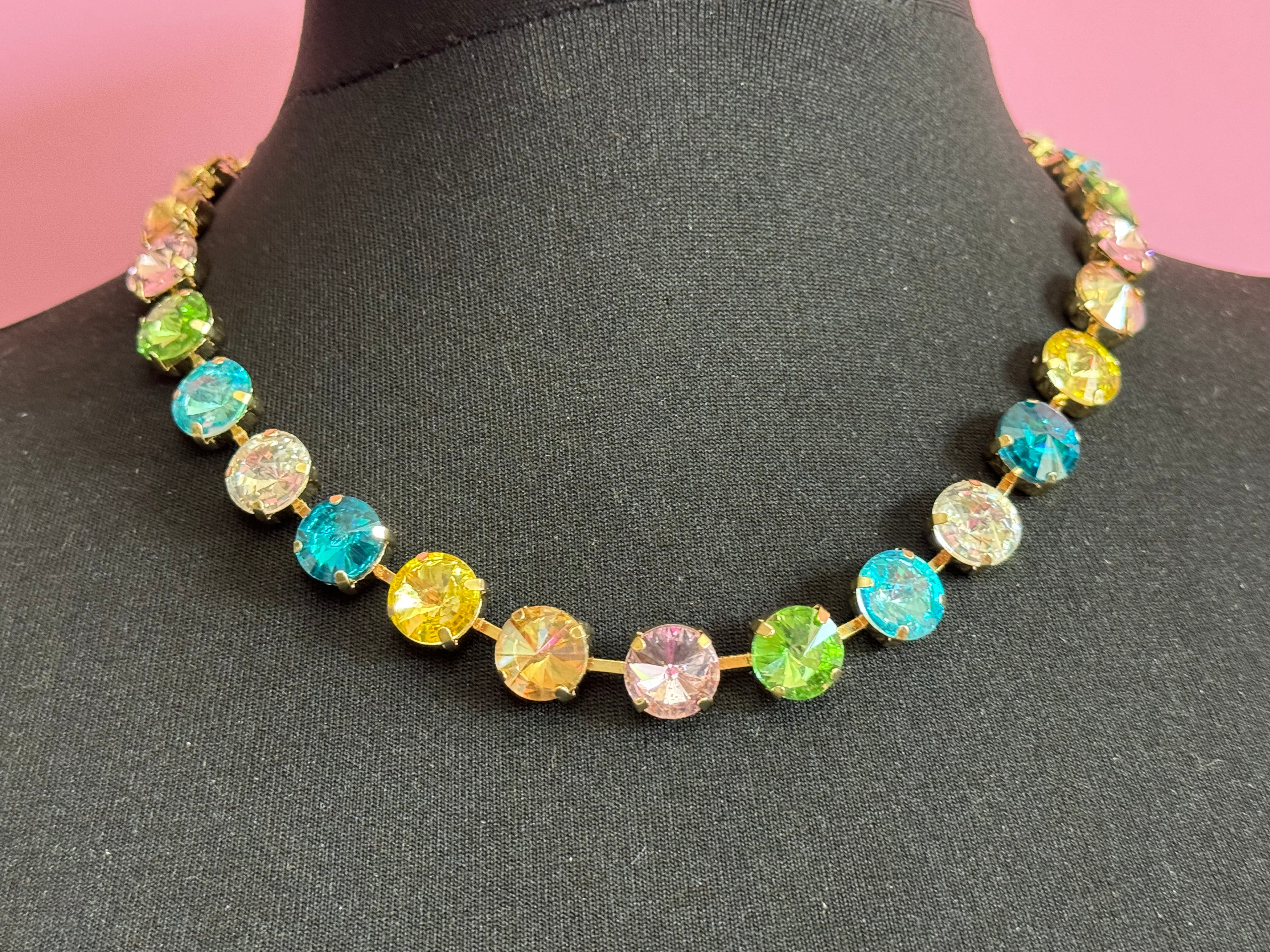 Summer pastels pink yellow blue green crystal diamanté necklace