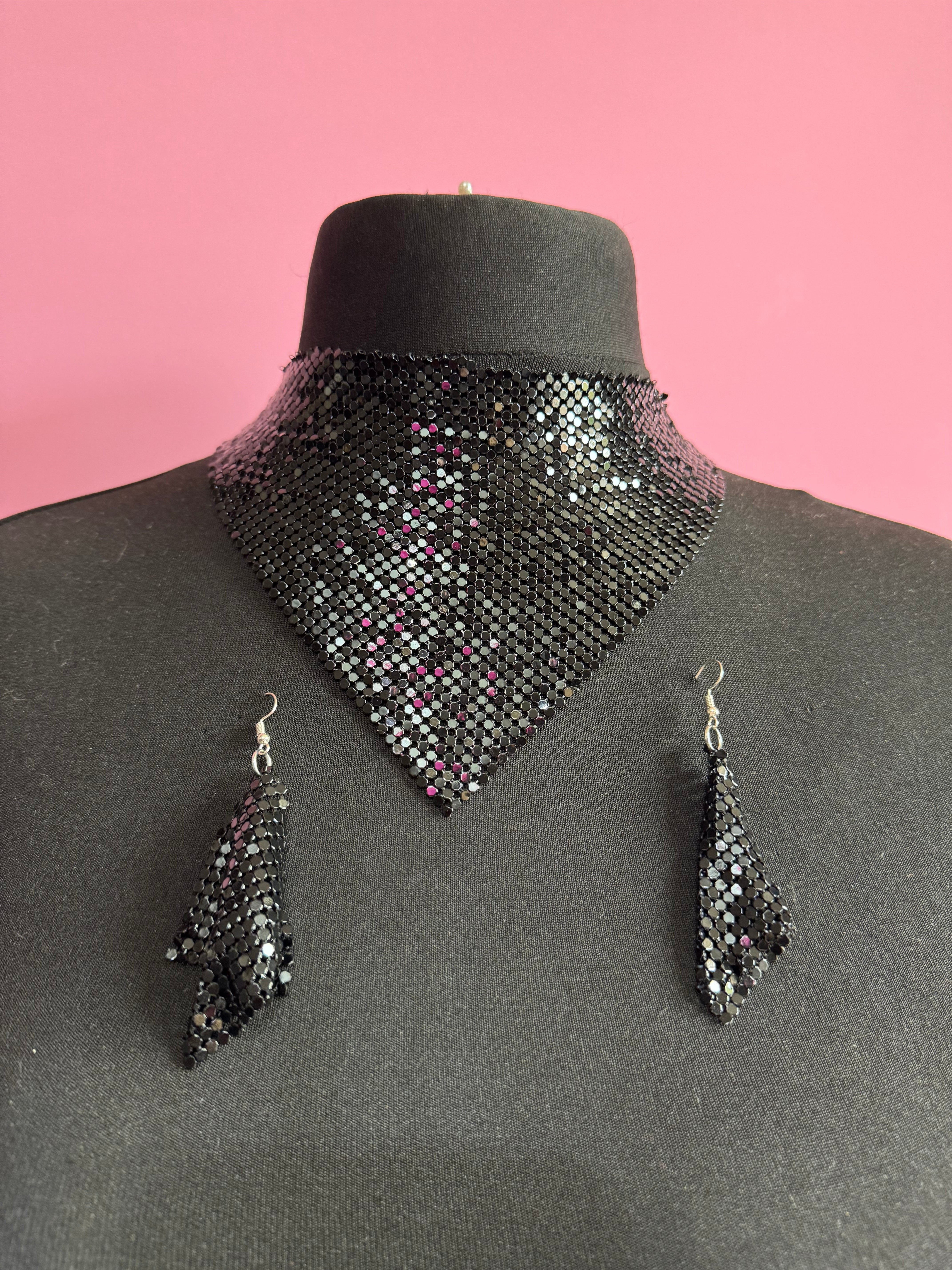 Gold silver or black mesh bib choker necklace and matching earrings Disco jewellery