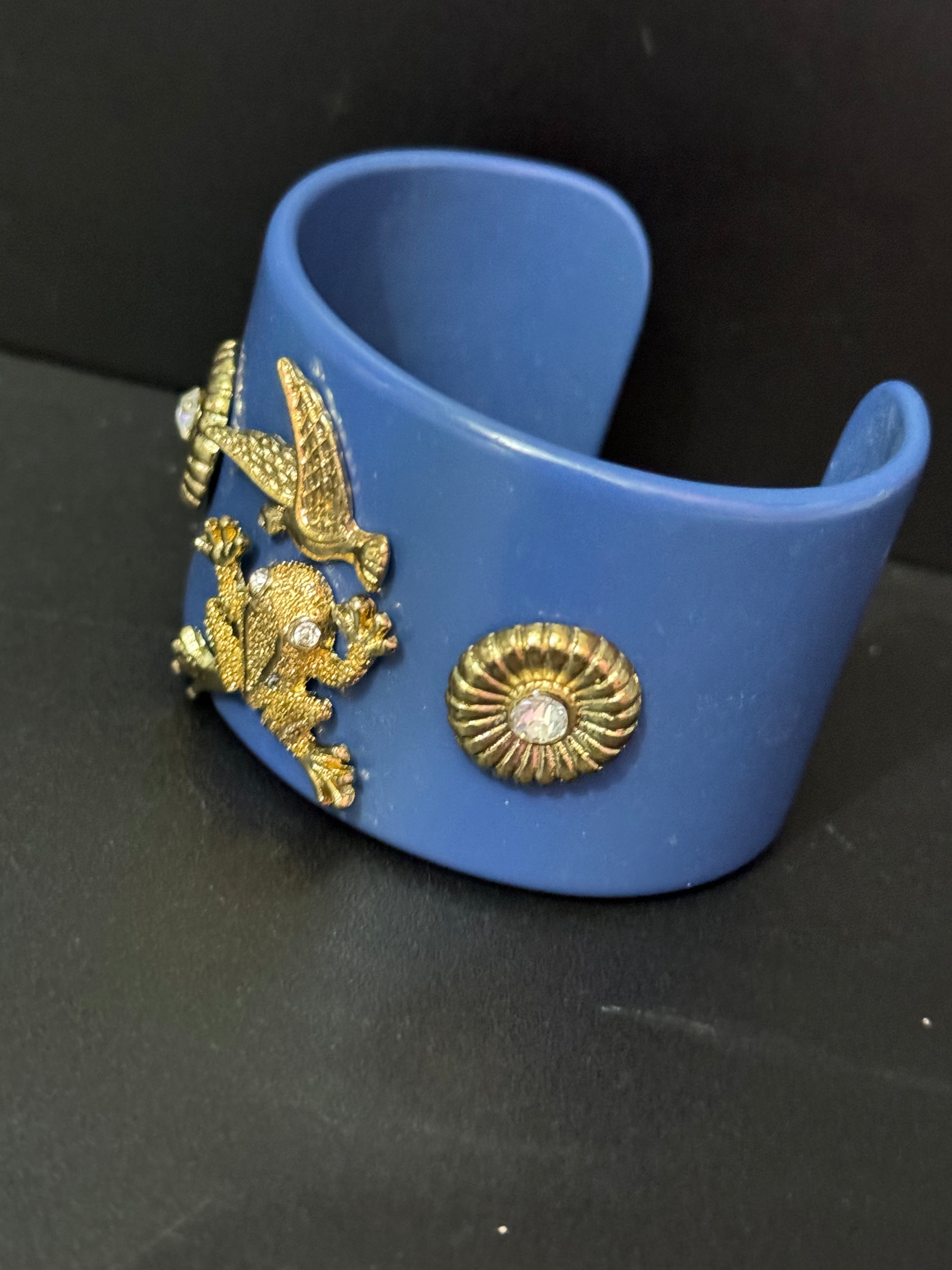 Gold crystal frog ornate Navy blue wide acrylic cuff bangle