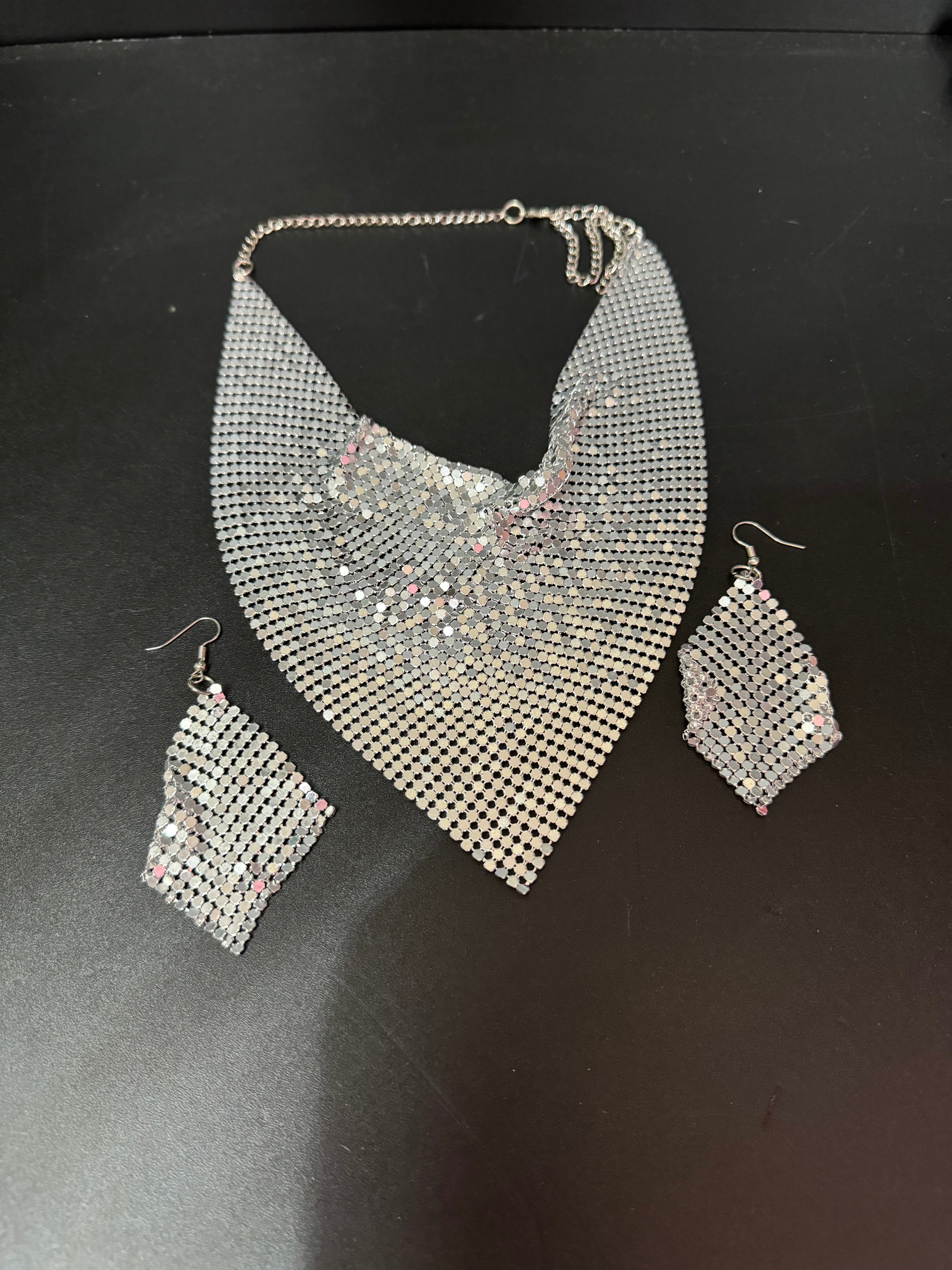 Gold silver or black mesh bib choker necklace and matching earrings Disco jewellery