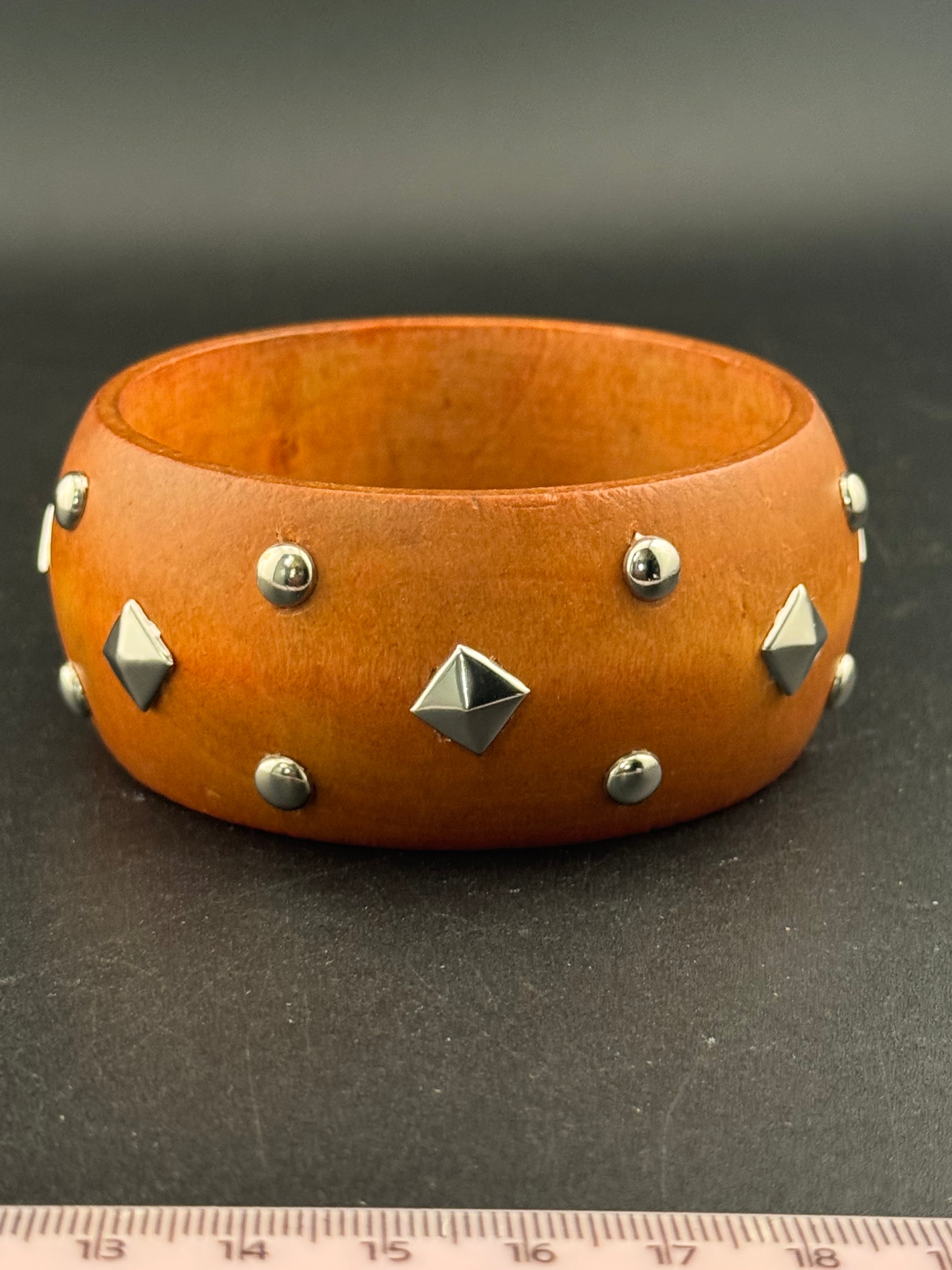 Oversized wide designed silver metal studded wooden bangle