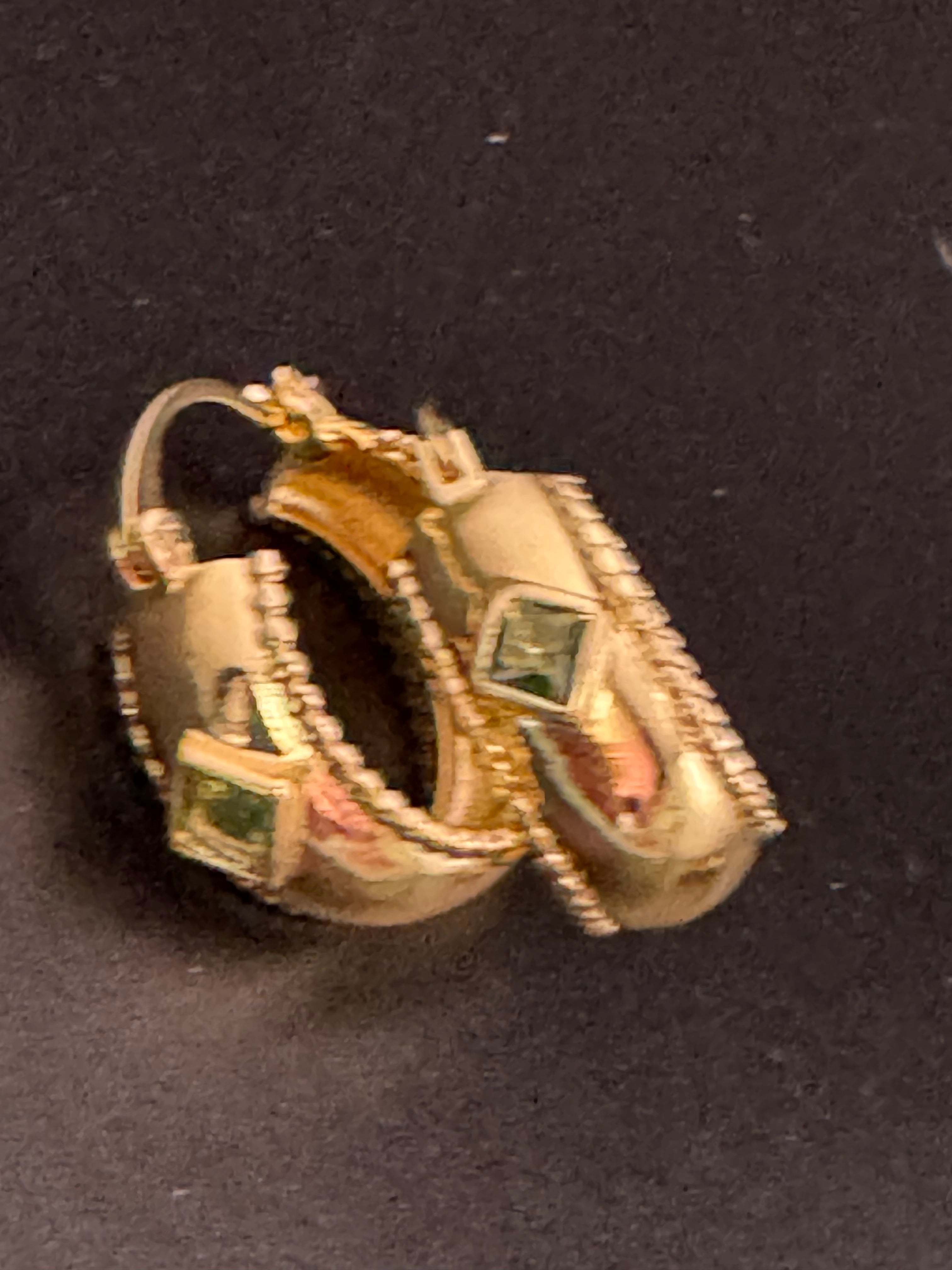 Wide crystal gold hoop earrings with pink emerald and tourmaline crystals