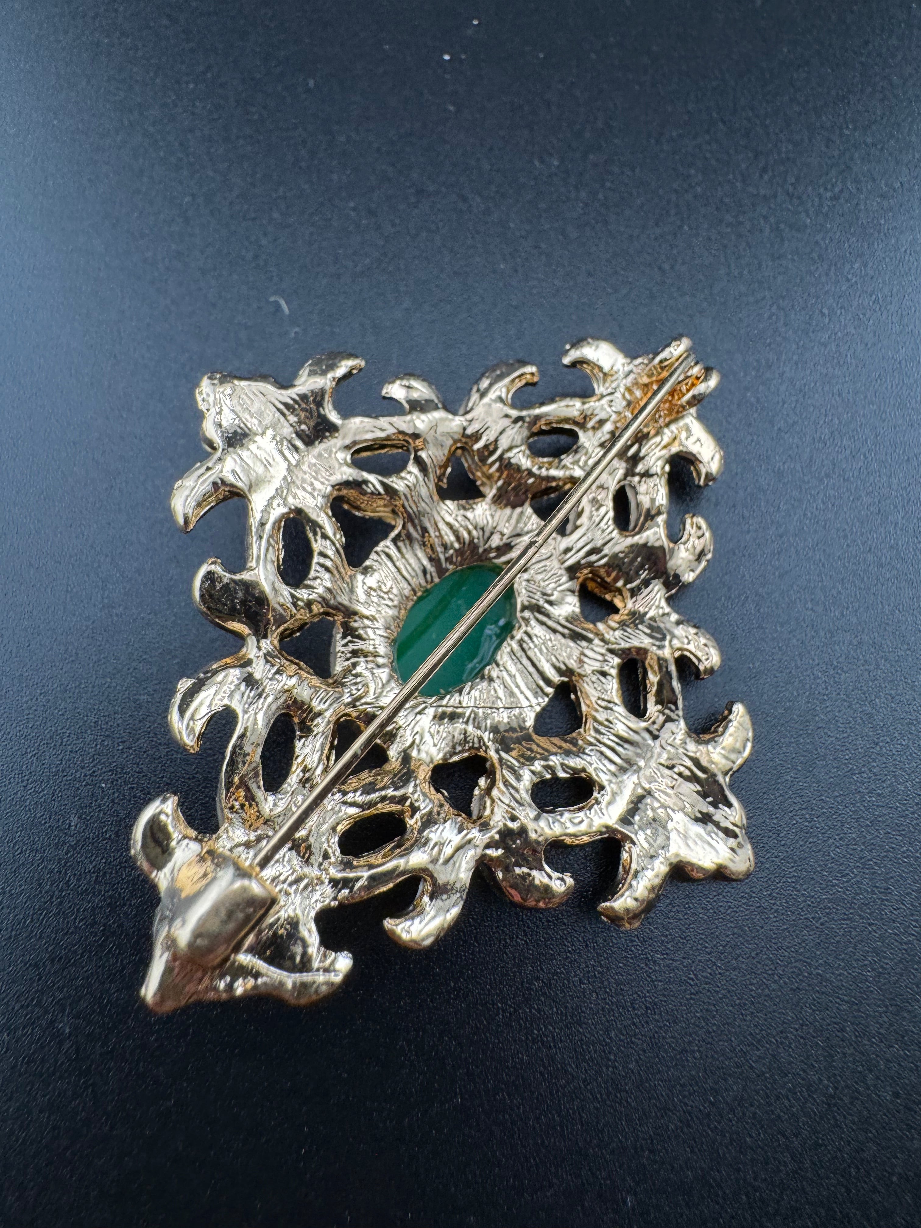 Statement Medieval style gold emerald cabochon rhinestone cross brooch