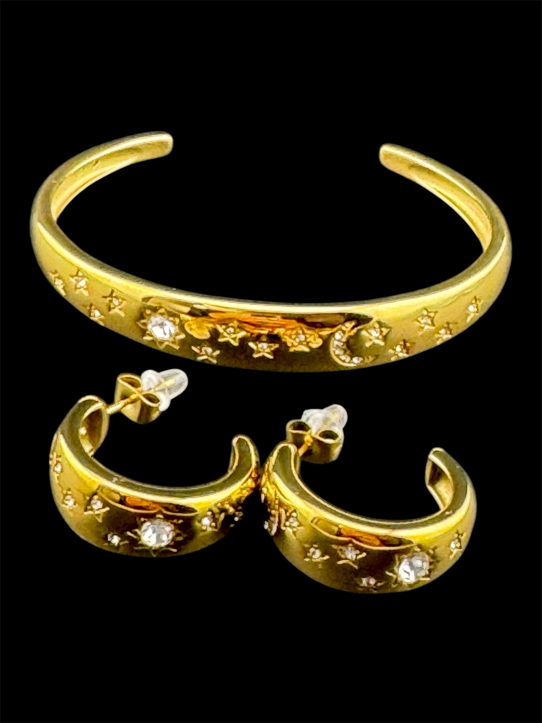 Sun Moon & Stars gold plated open bangle
