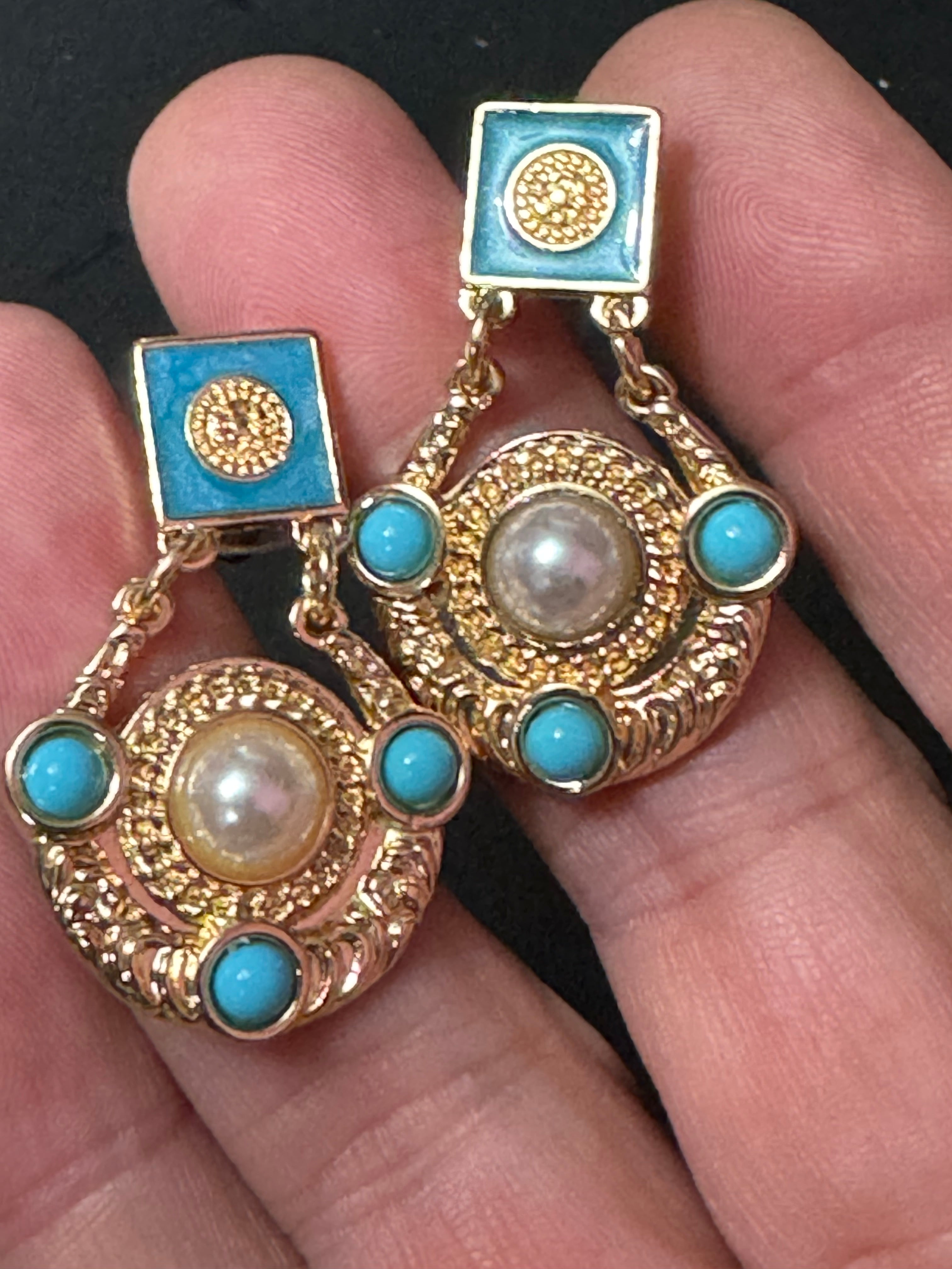 Etruscan gold disc drop earrings with turquoise and pearl cabochons