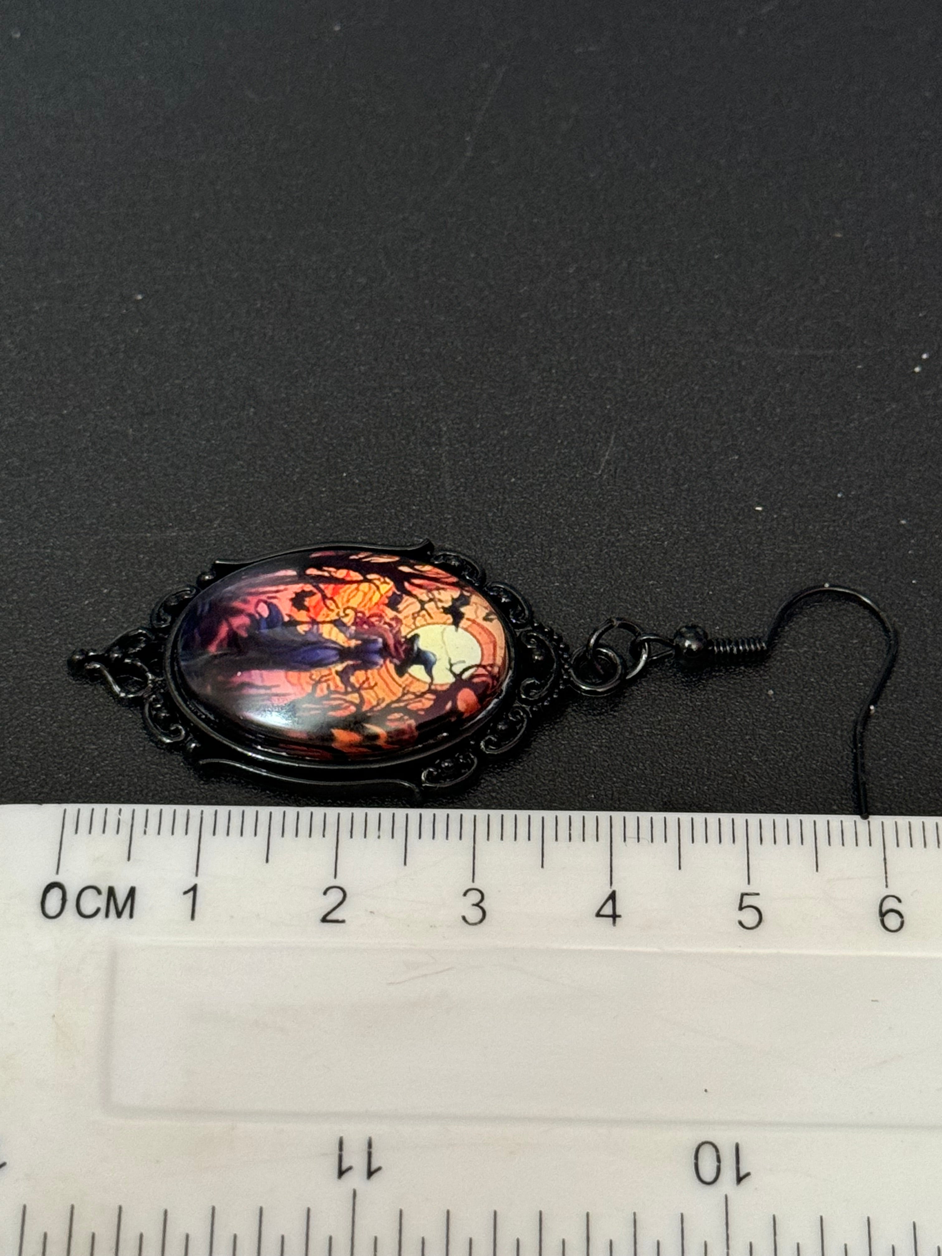 Spooky witches glass cabochon black gothic dangly Halloween earrings pierced