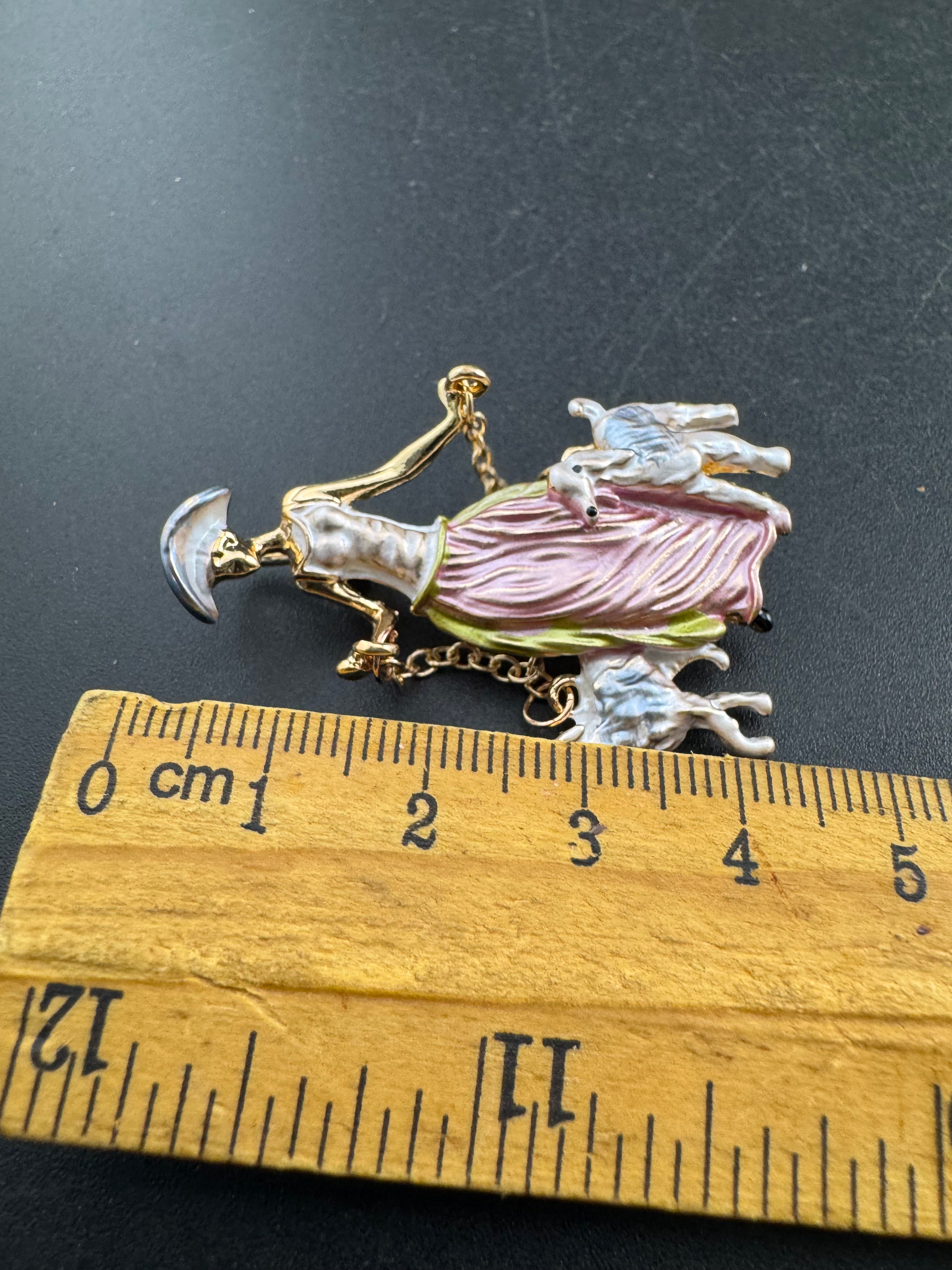 Pink art deco lady with french poodle dogs on leads brooch