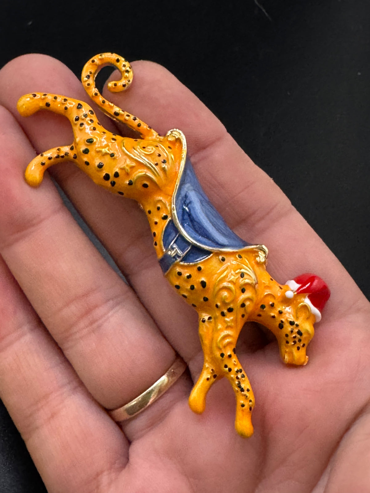 Novelty christmas enamel leopard brooch, big cat festive jewellery