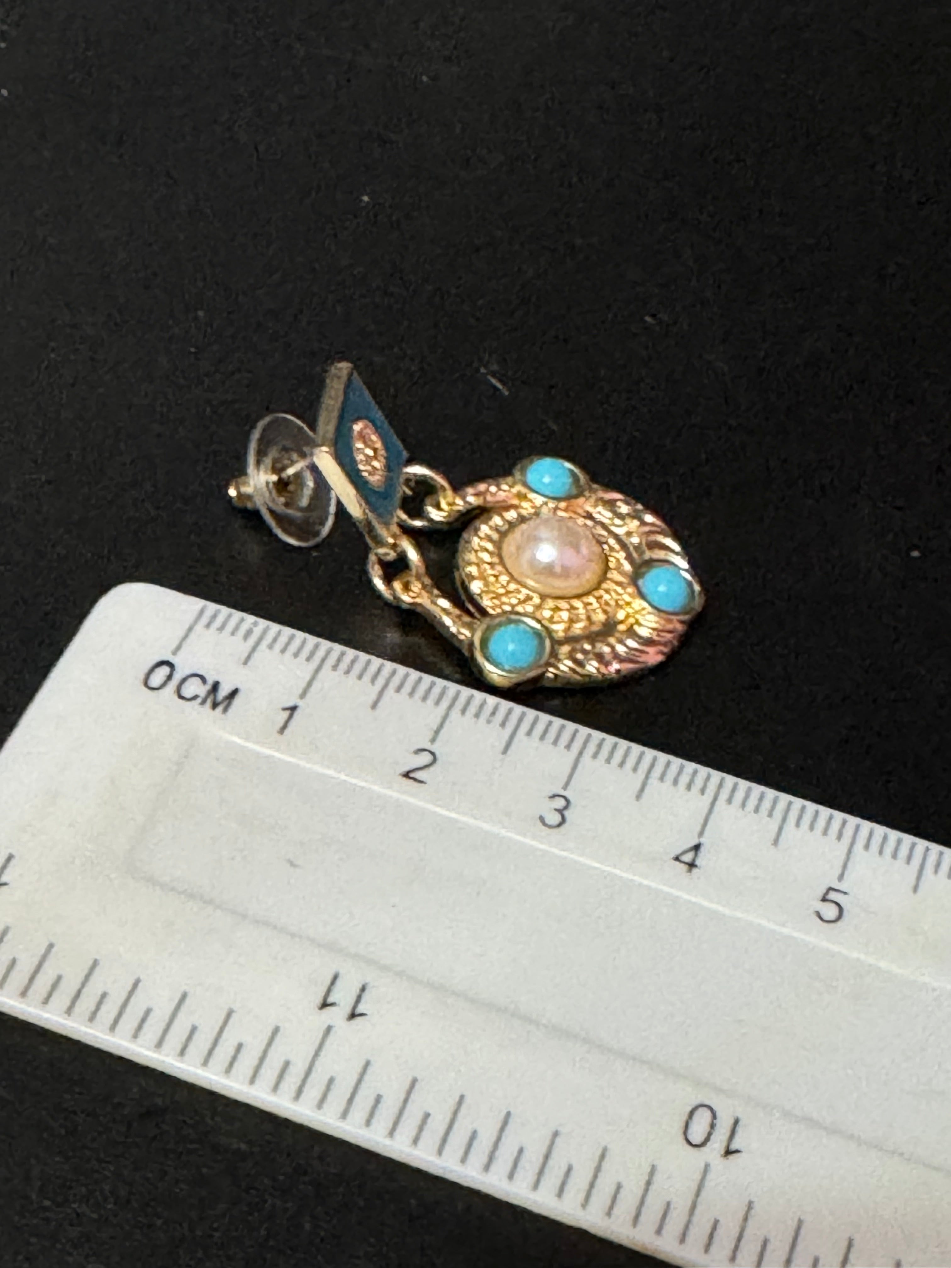 Etruscan gold disc drop earrings with turquoise and pearl cabochons