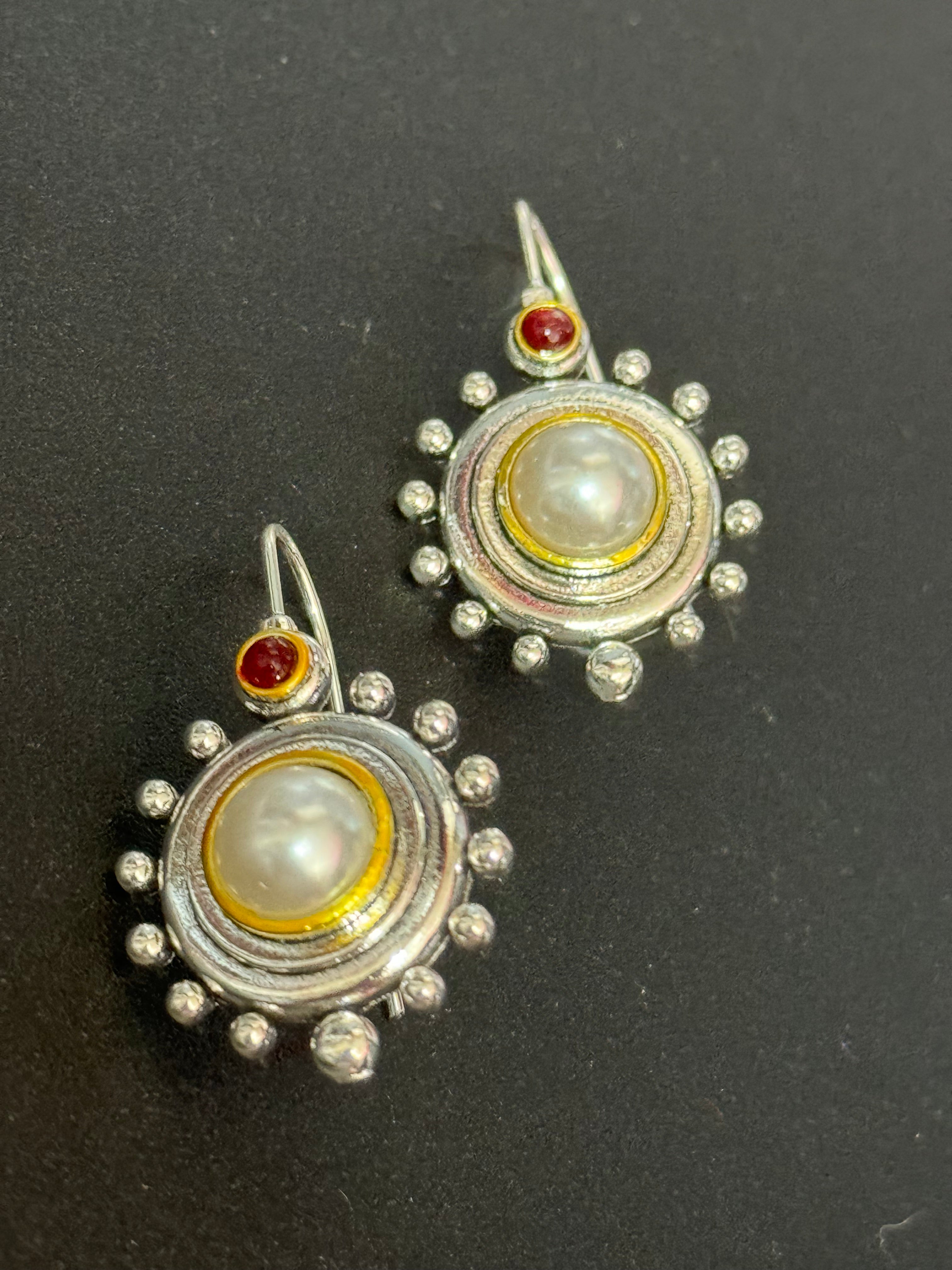 Etruscan silver tone medieval style faux pearl and ruby drop earrings