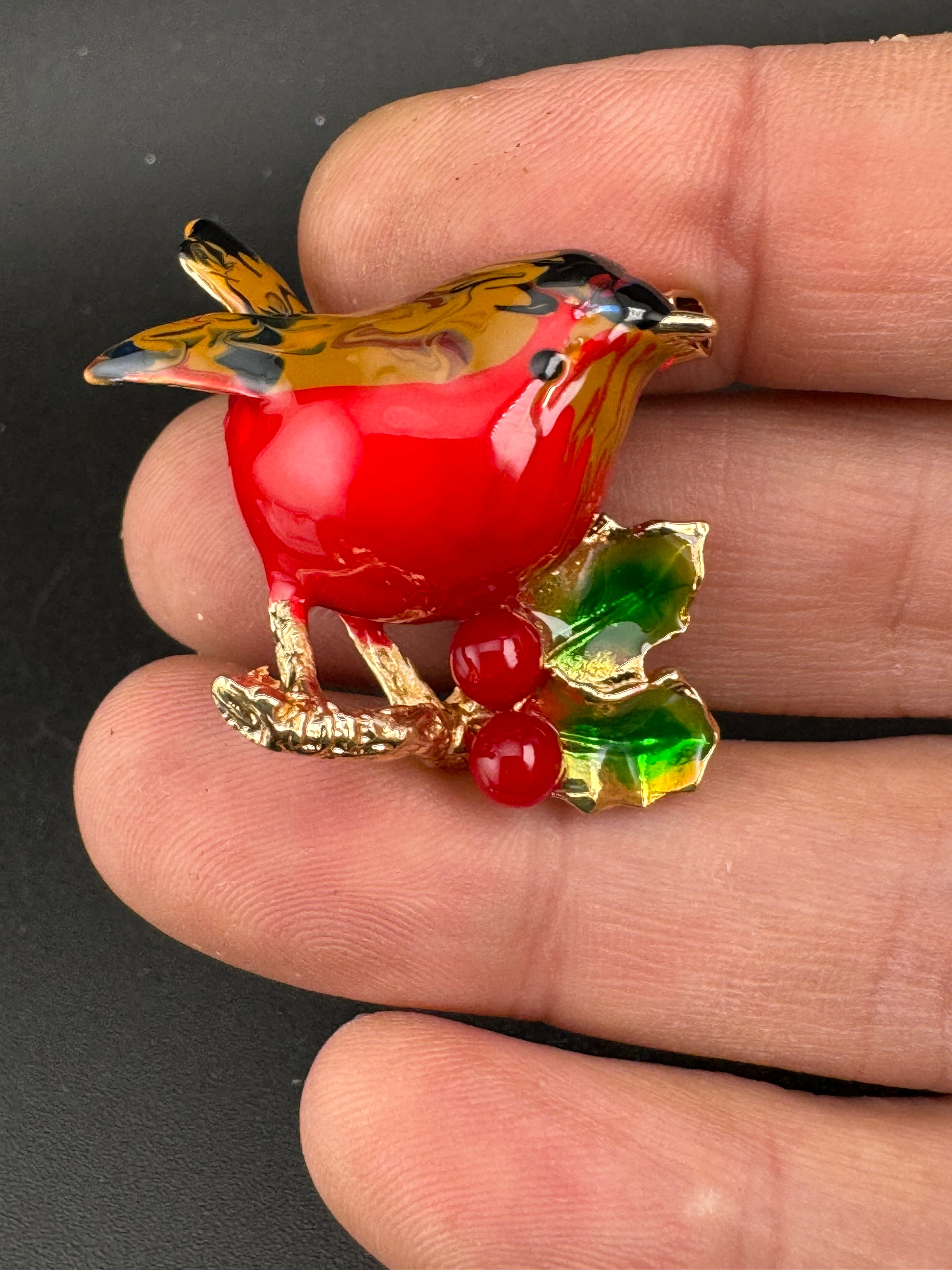 Enamel Christmas Robin bird brooch with holly