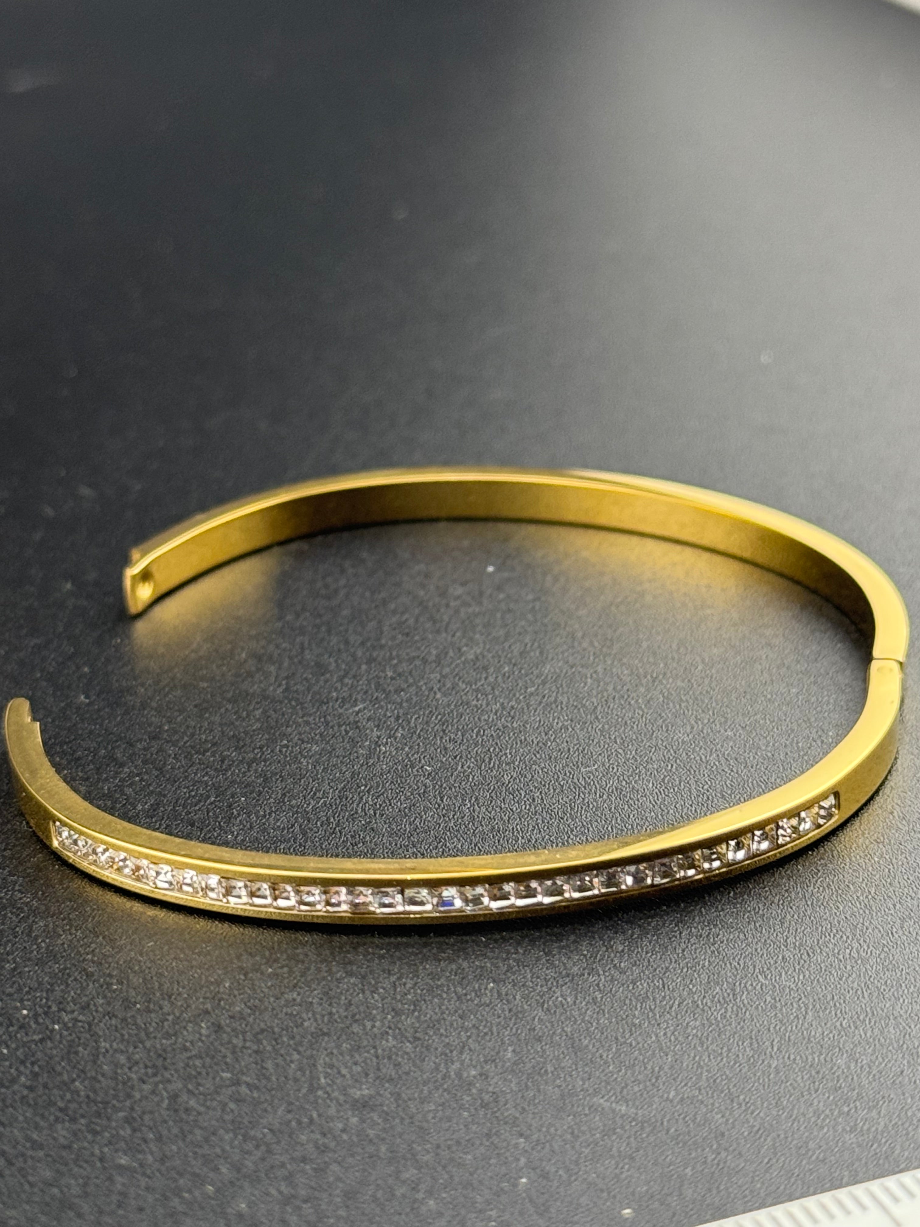 Gold plated high end square channel set clear CZ Crystal hinged clamper bangle bracelet