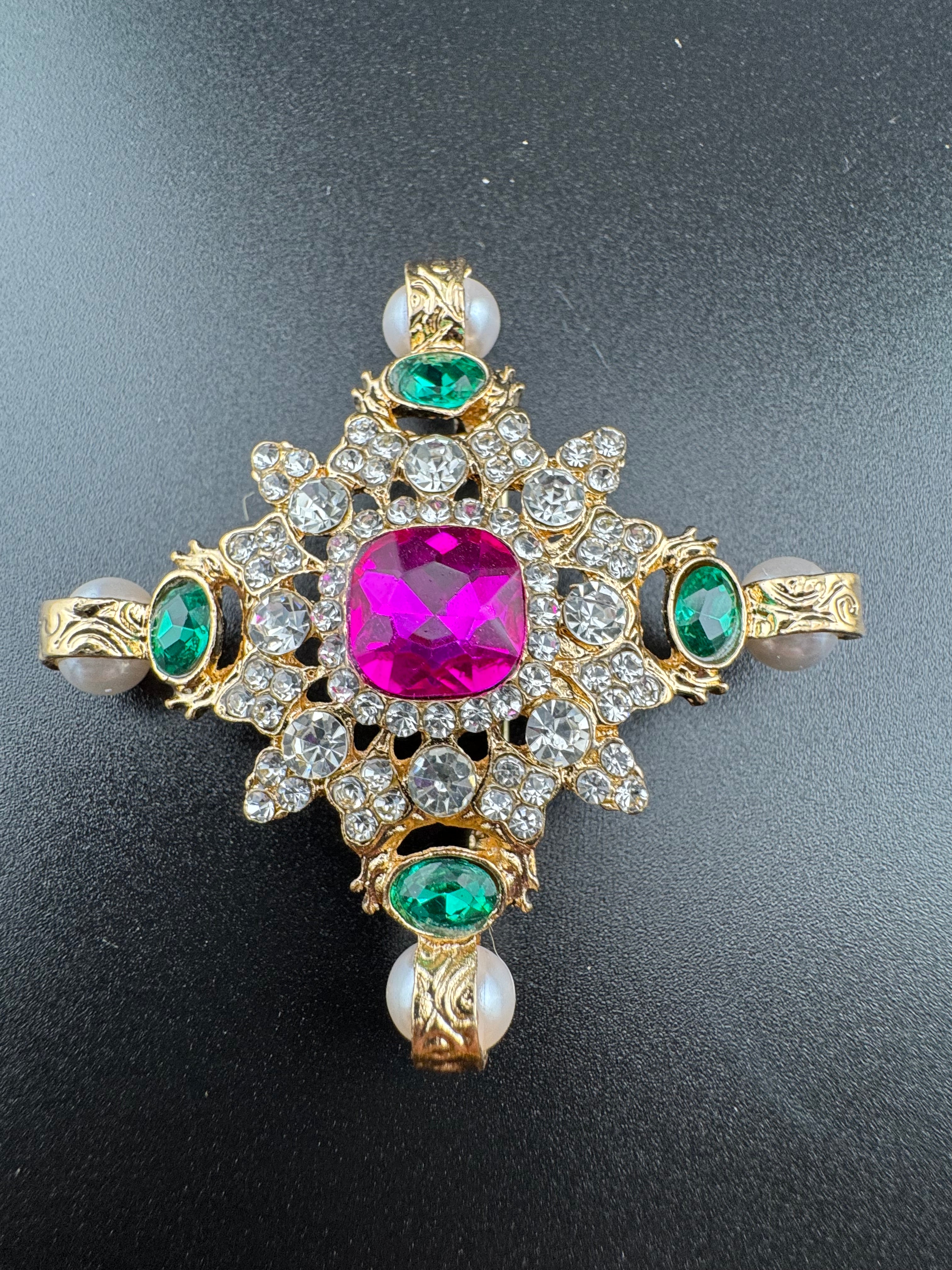 Statement Medieval style gold pink and green rhinestone cross brooch