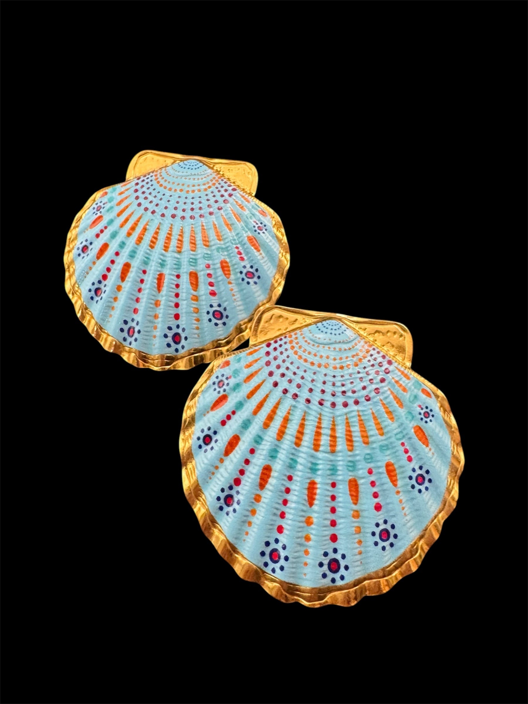 Oversized sea shell enamel earrings for pierced ears turquoise and white