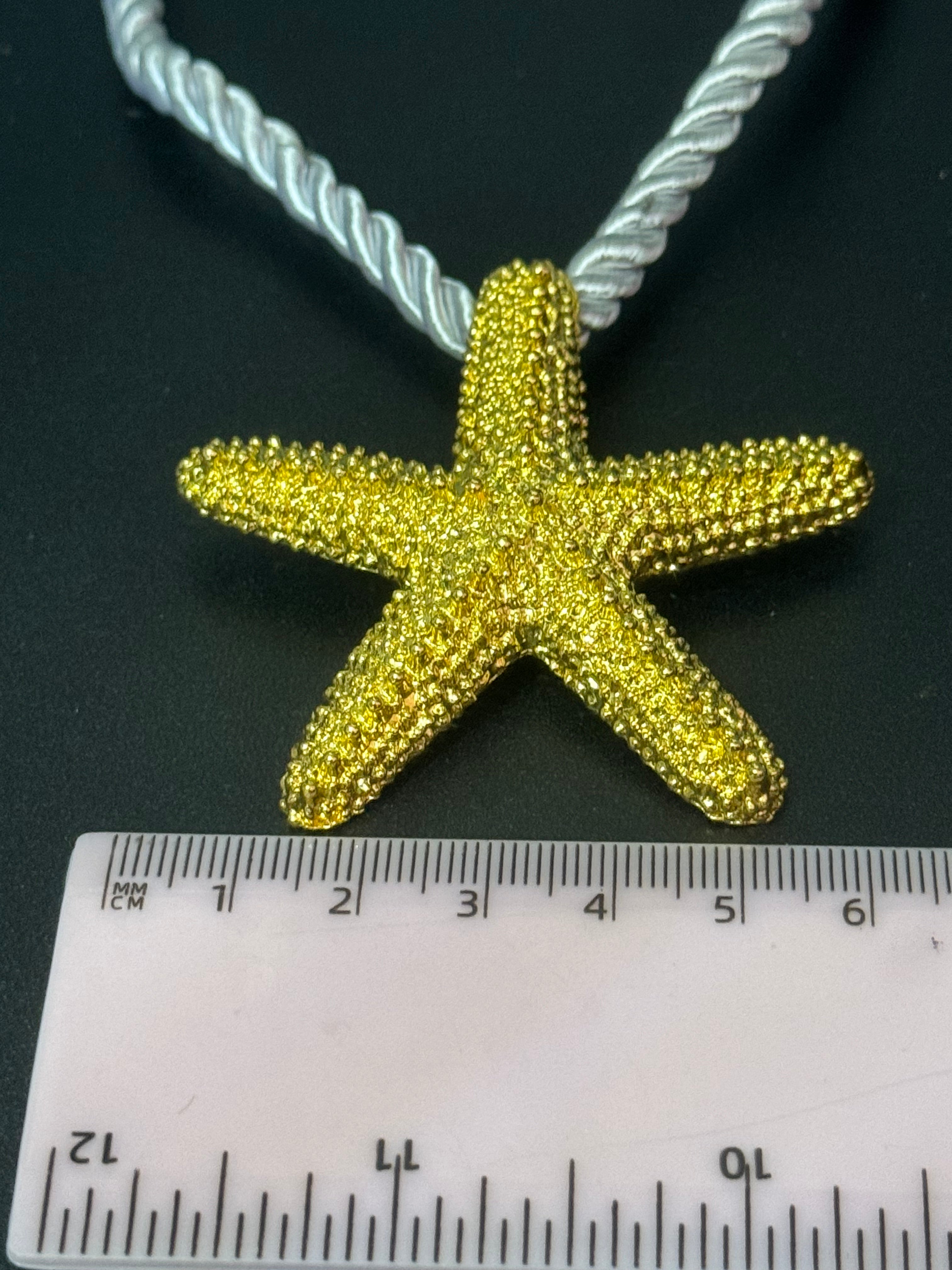 Big gold tone starfish nautical shell necklace on white cord