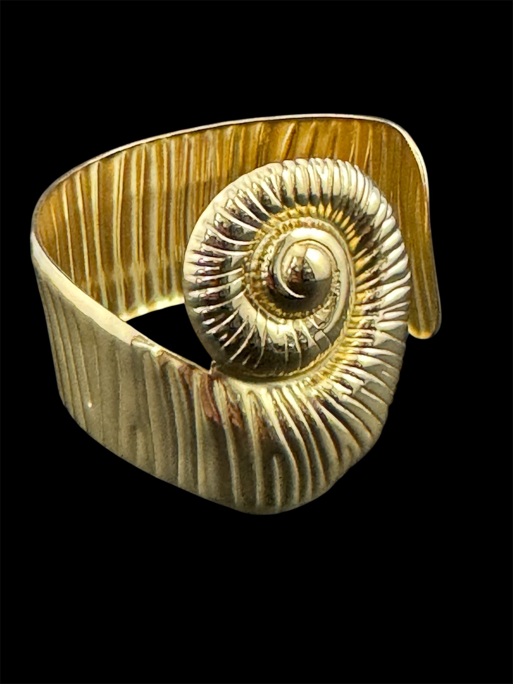 Gold tone ammonite seashell wide cuff bangle bracelet , nautical jewellery