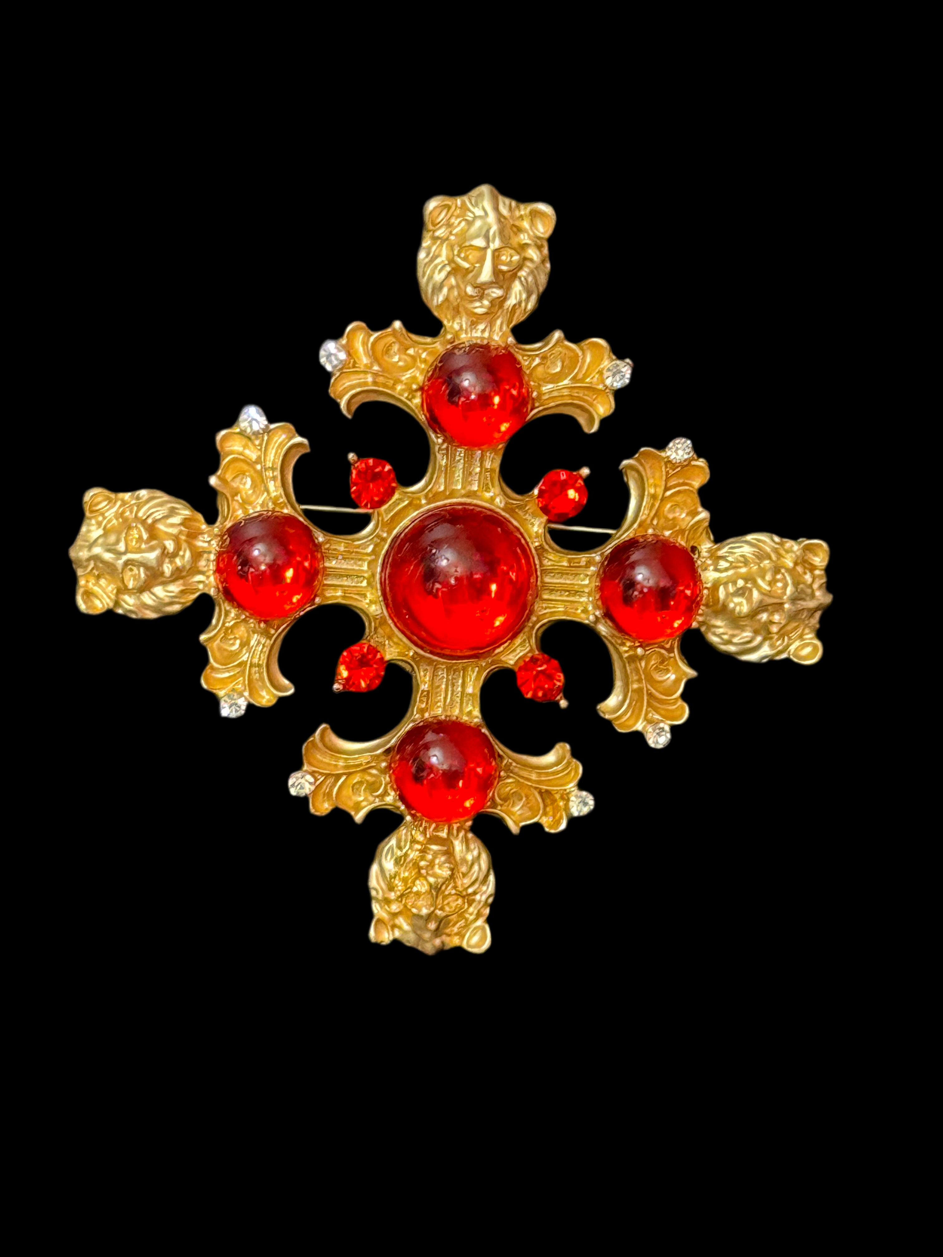 Medieval style Large faux red ruby cabochon matt gold lions head oversized cross brooch