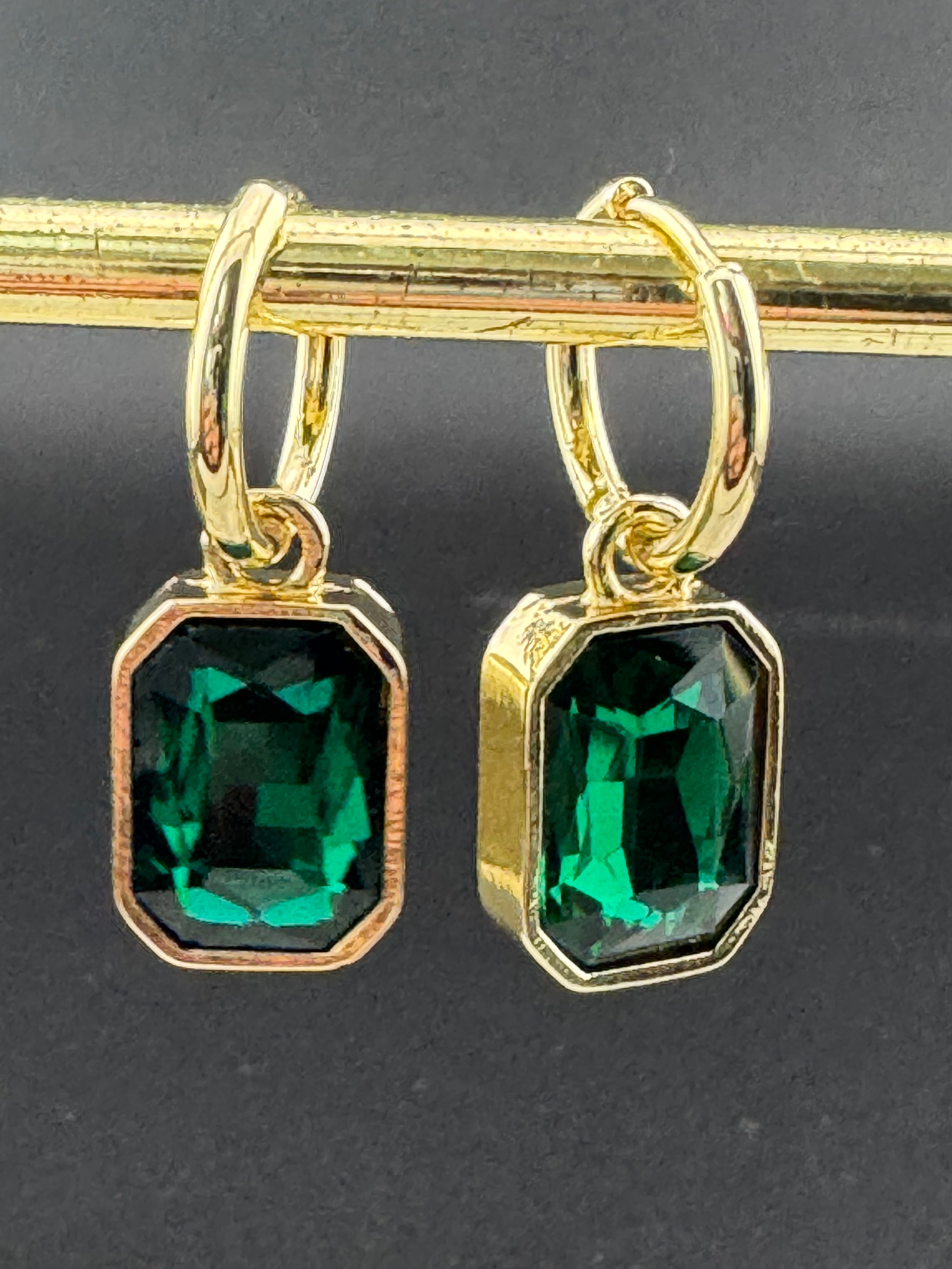 Emerald green diamond glass crystal octagonal charm small hoop earrings pierced, gold plated