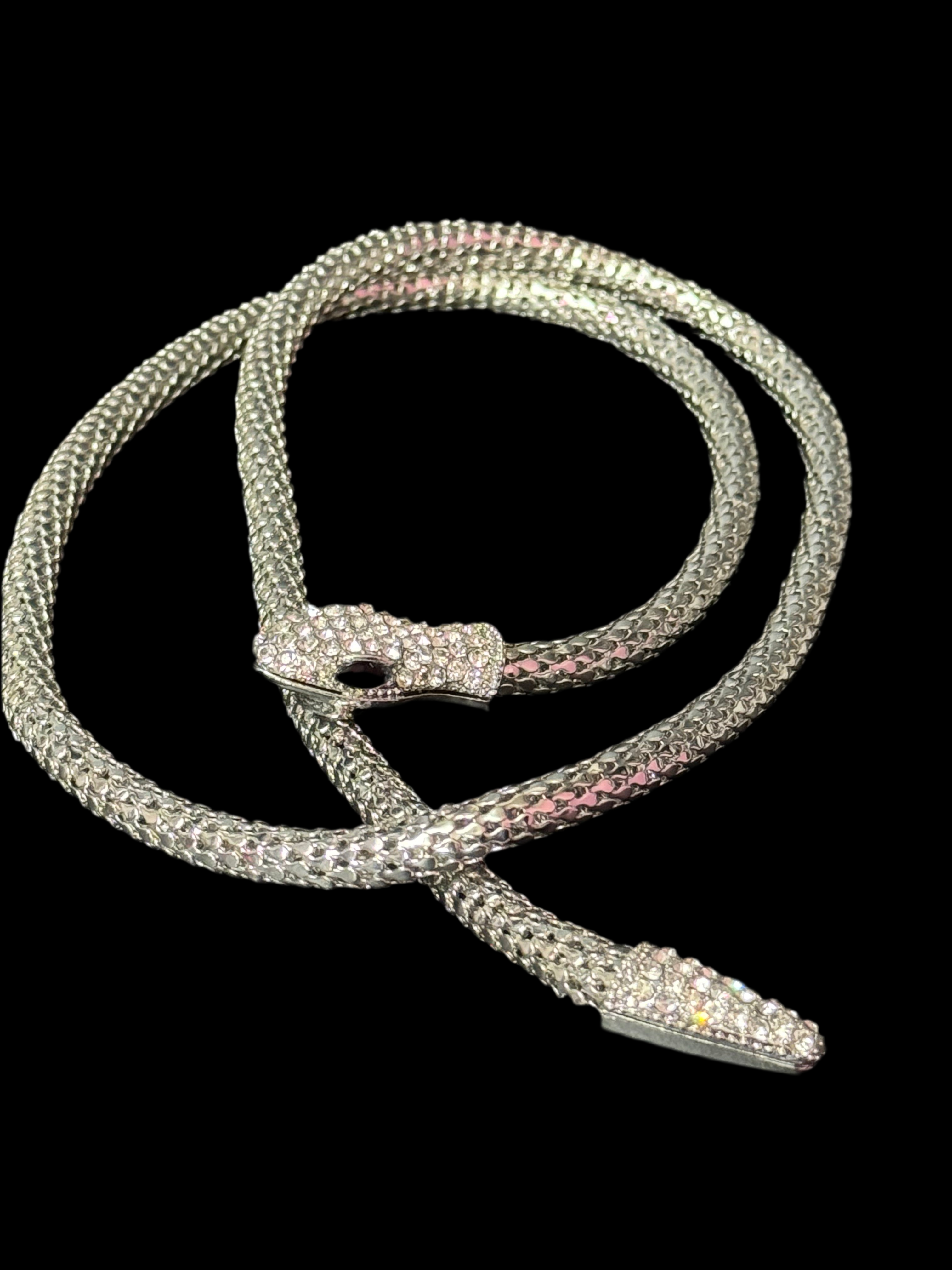 Silver tone mesh bendy wrap round magnetic snake choker collar necklace