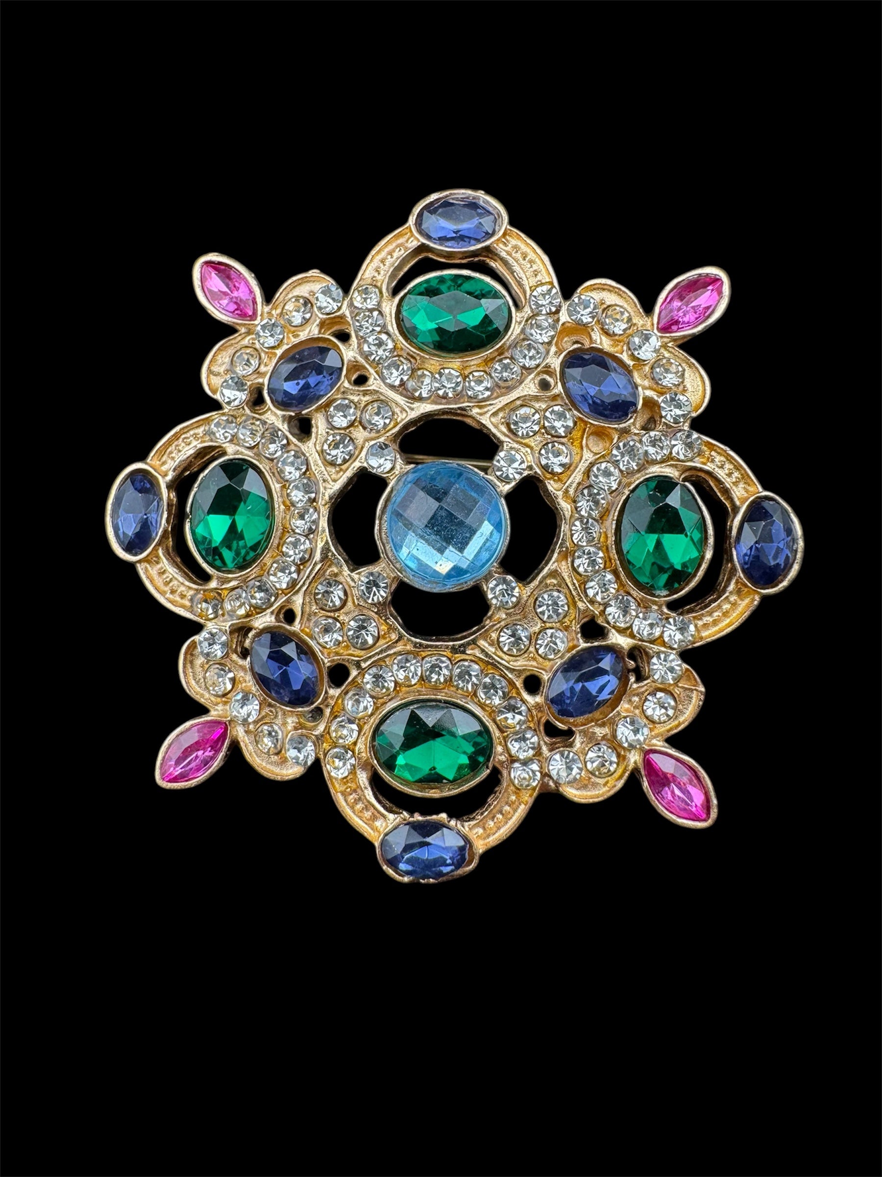 Statement Medieval style gold emerald and sapphire rhinestone cross brooch