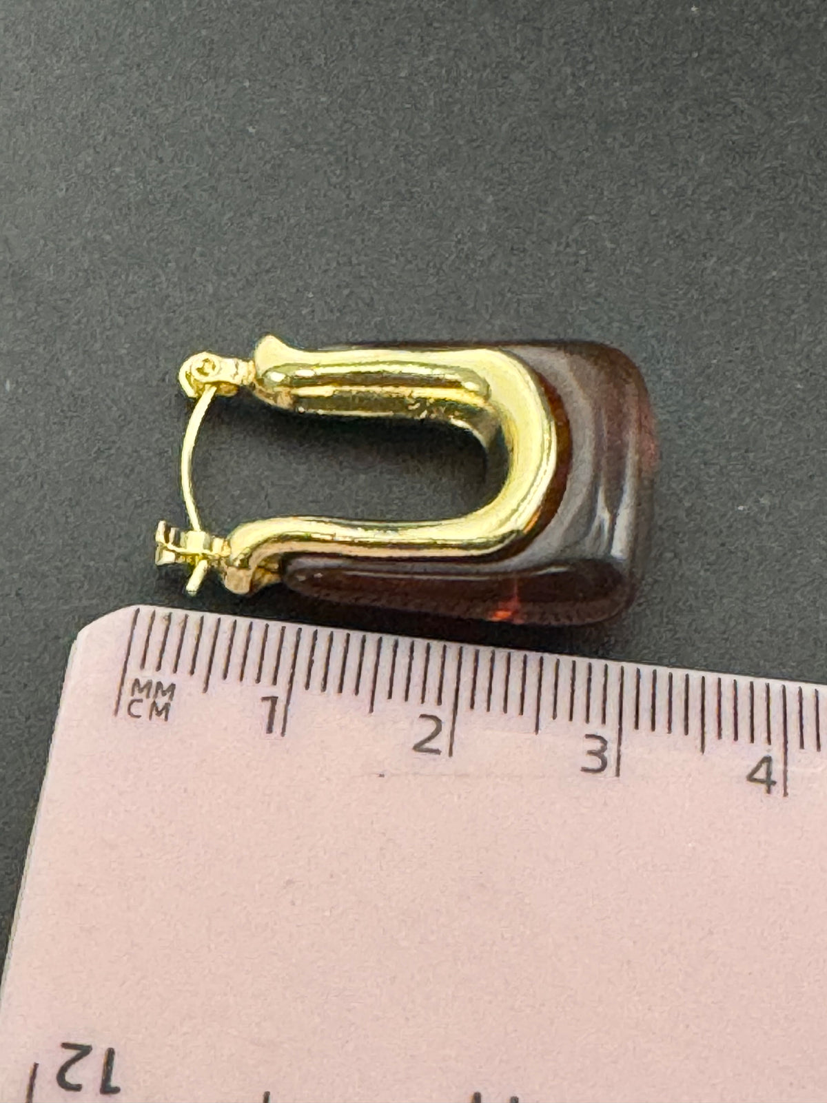 Rectangular Hoop Earrings, Brown Acrylic, 3 Cm Drop, Goldtone Posts