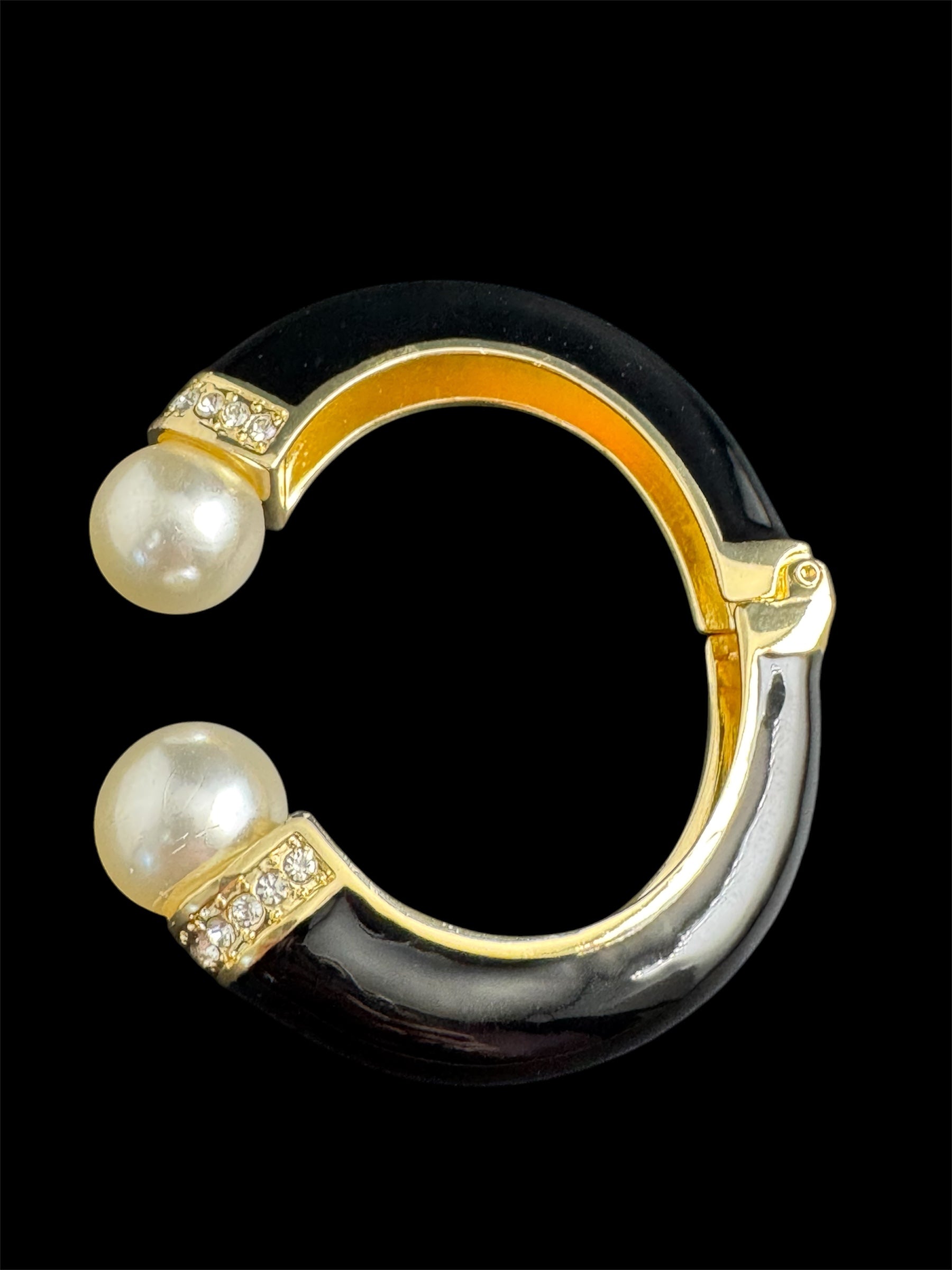Classic black enamel Crystal clamper Bangle with pearl ball ends
