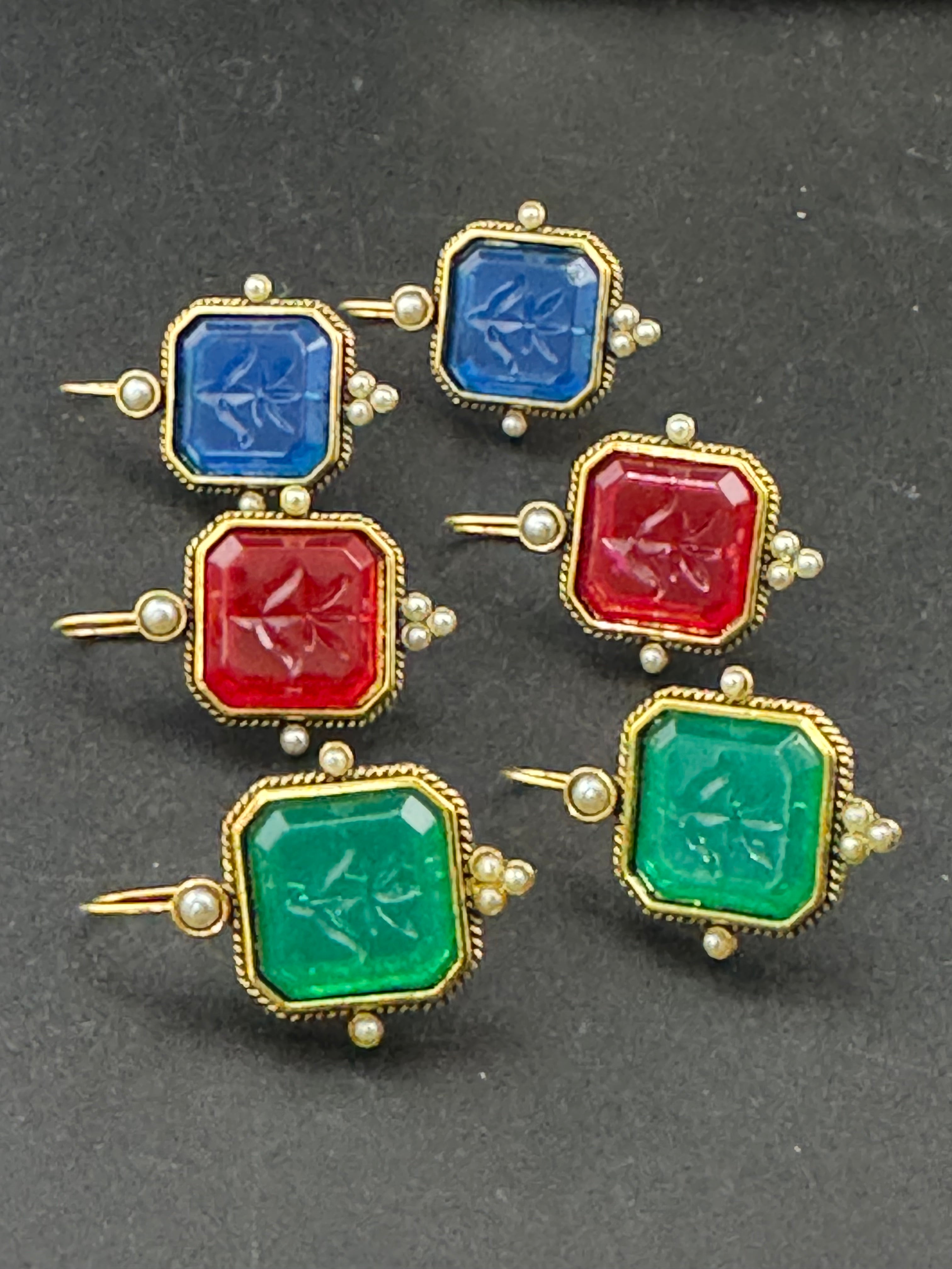 Victorian style emerald ruby and sapphire seed pearl drop earrings