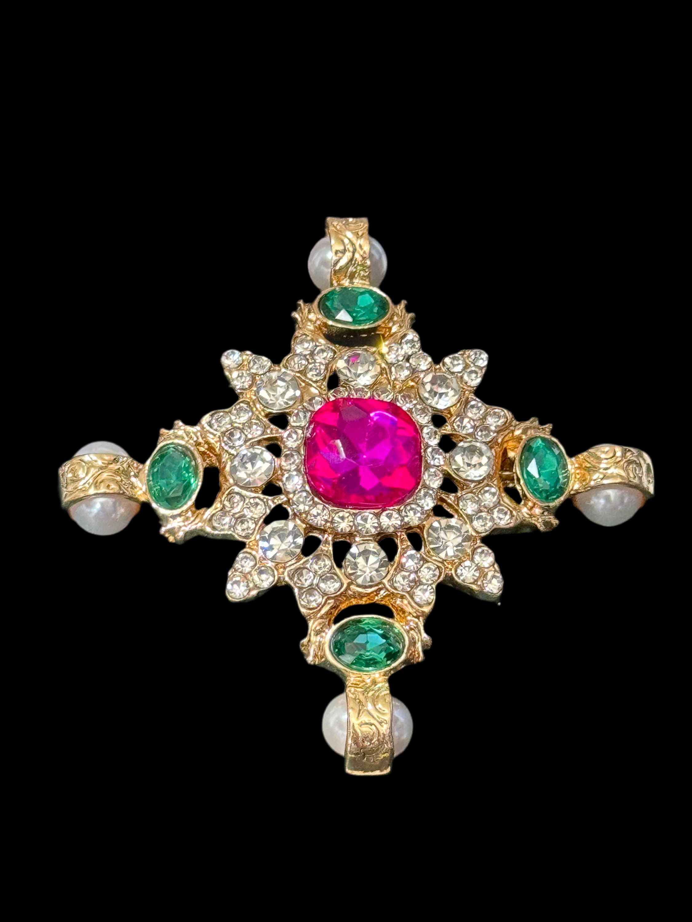 Large faux pearl and bright pink and emerald green diamanté rhinestone cross brooch