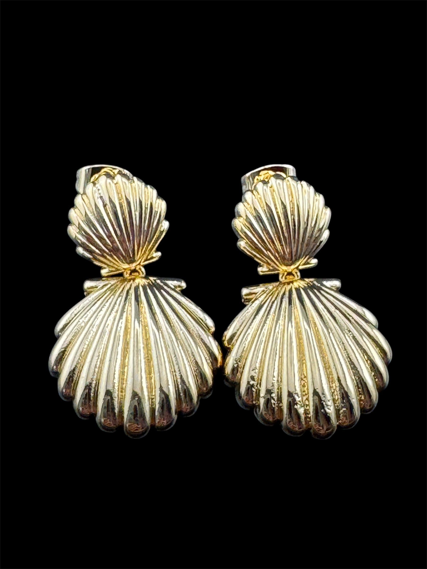 Nautical Gold seashell drop earrings , pierced door knocker hinged