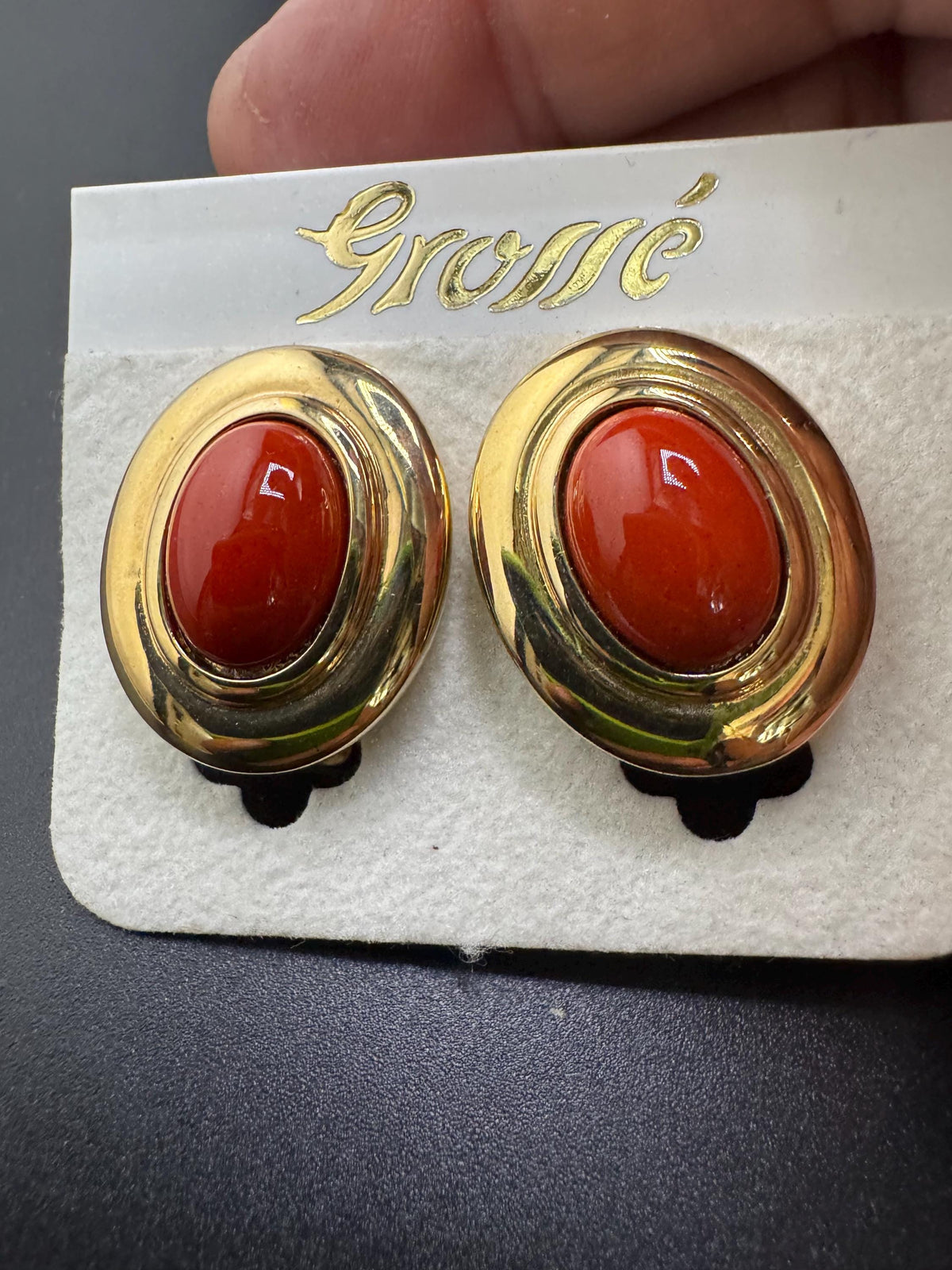 Vintage Clip On Earrings, Grosse Terracotta Cabochon, Gold Plated