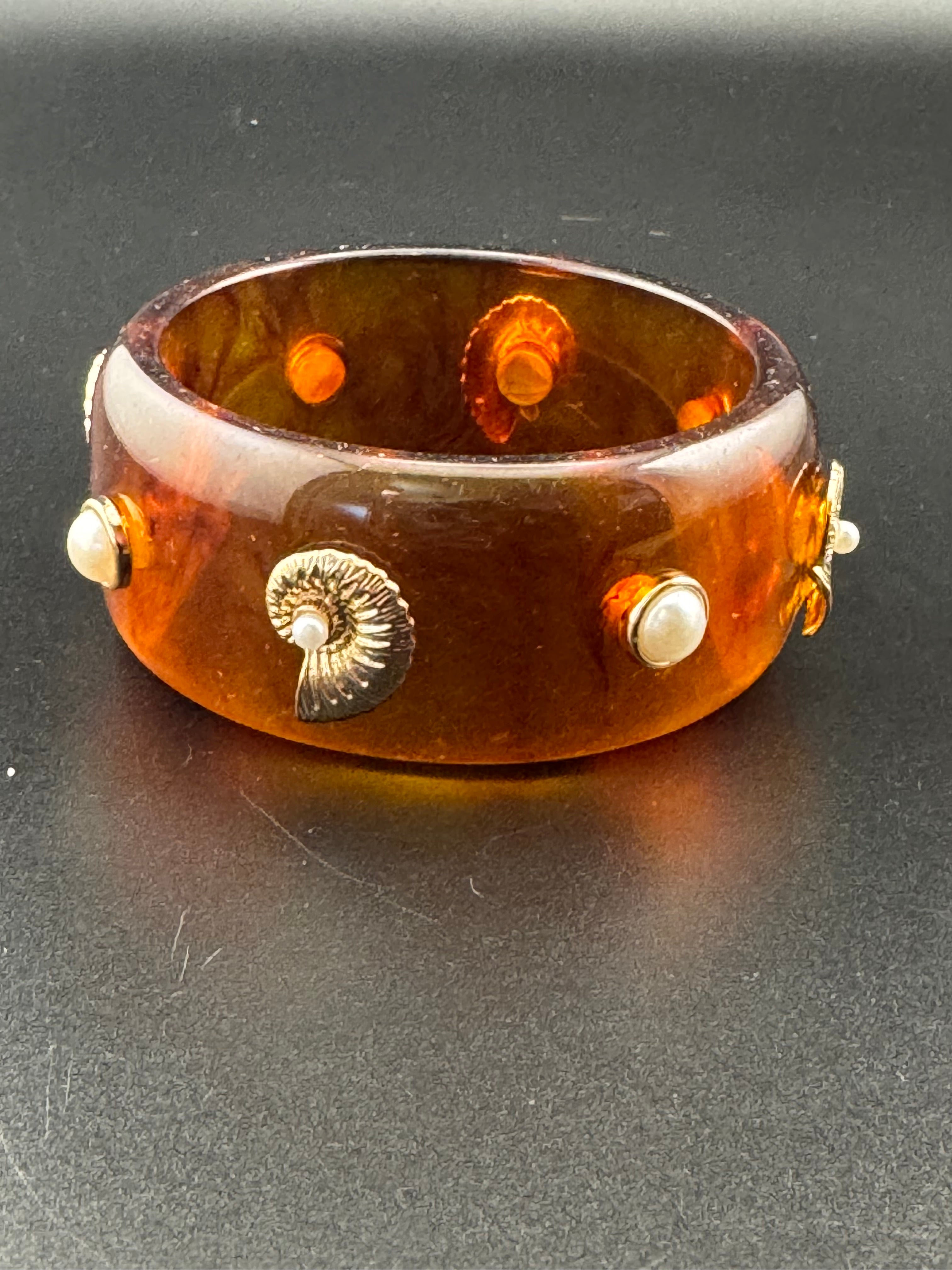 Nautical gold ammonite faux tortoiseshell wide brown acrylic pearl plastic bangle bracelet