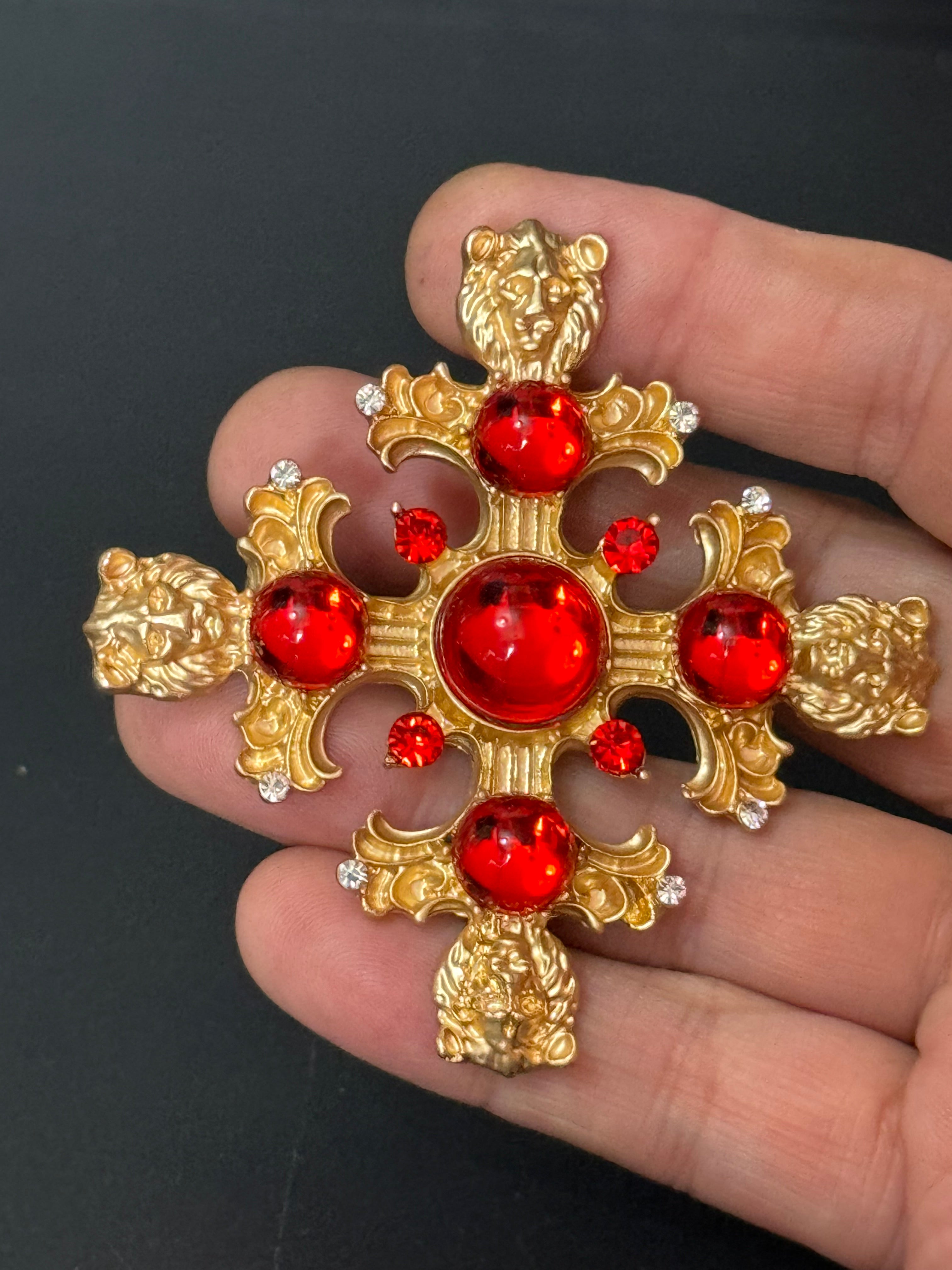 Medieval style Large faux red ruby cabochon matt gold lions head oversized cross brooch