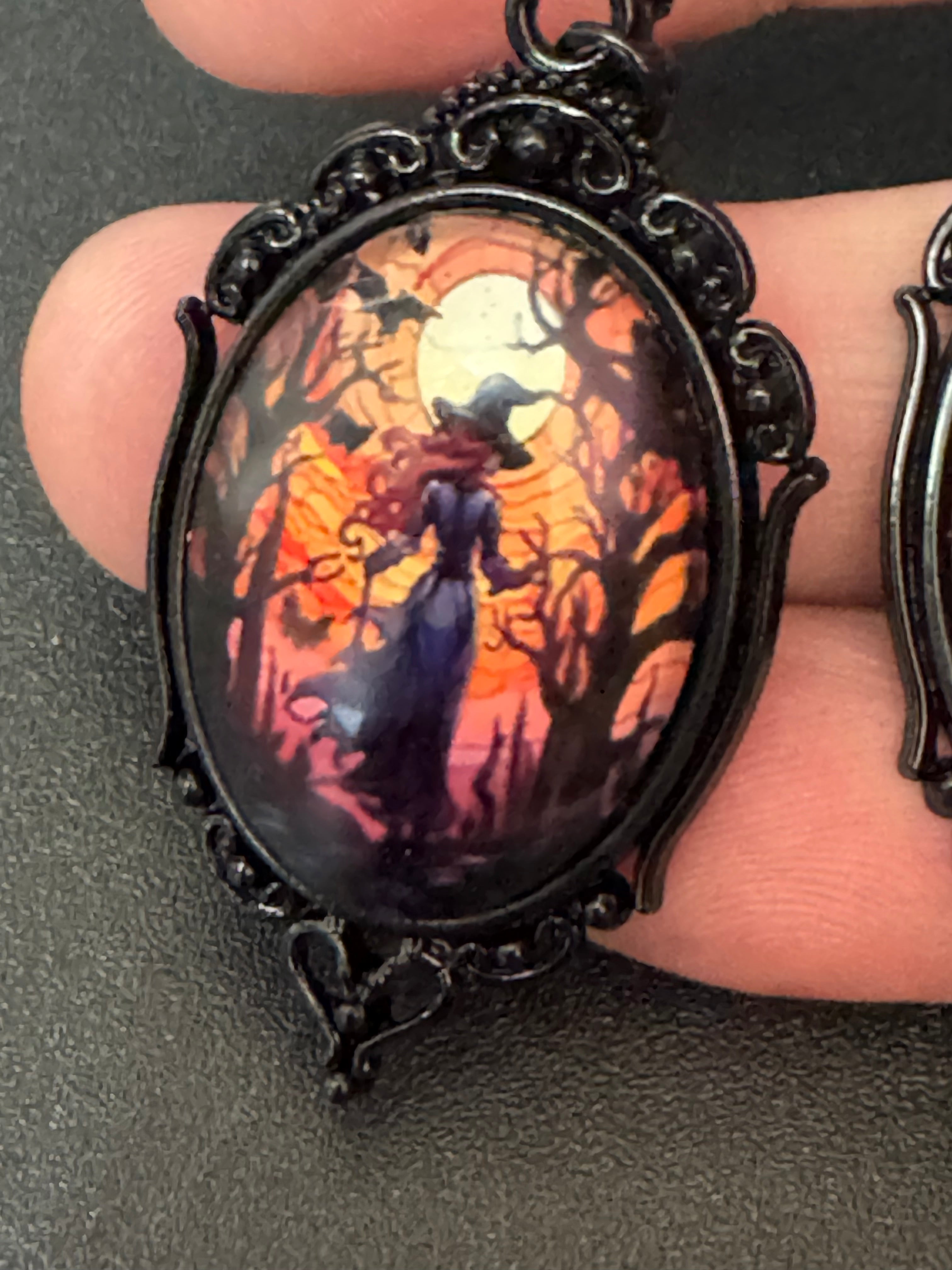 Spooky witches glass cabochon black gothic dangly Halloween earrings pierced