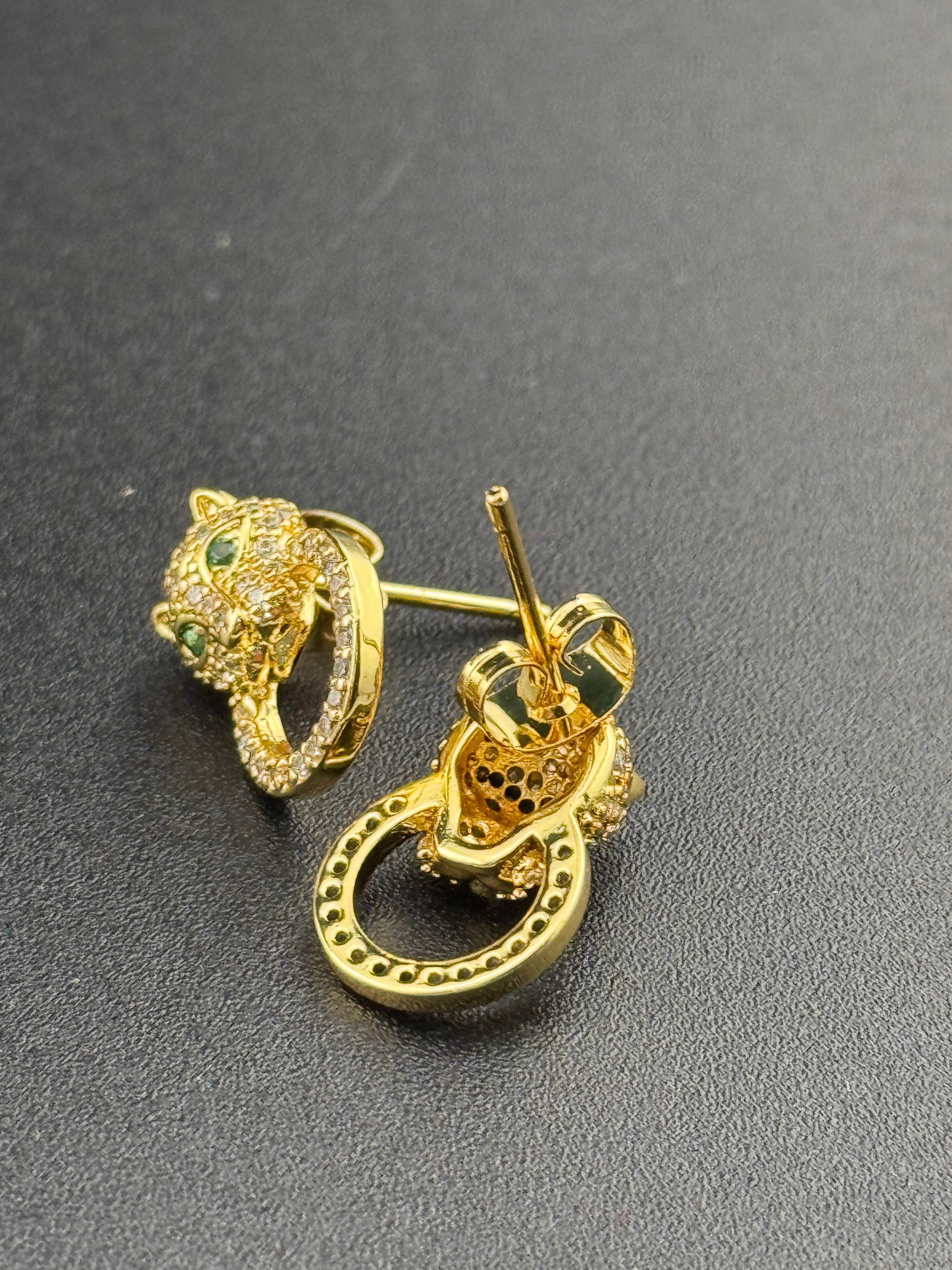 High end small gold plated Cz crystal leopard panther big cat stud earrings