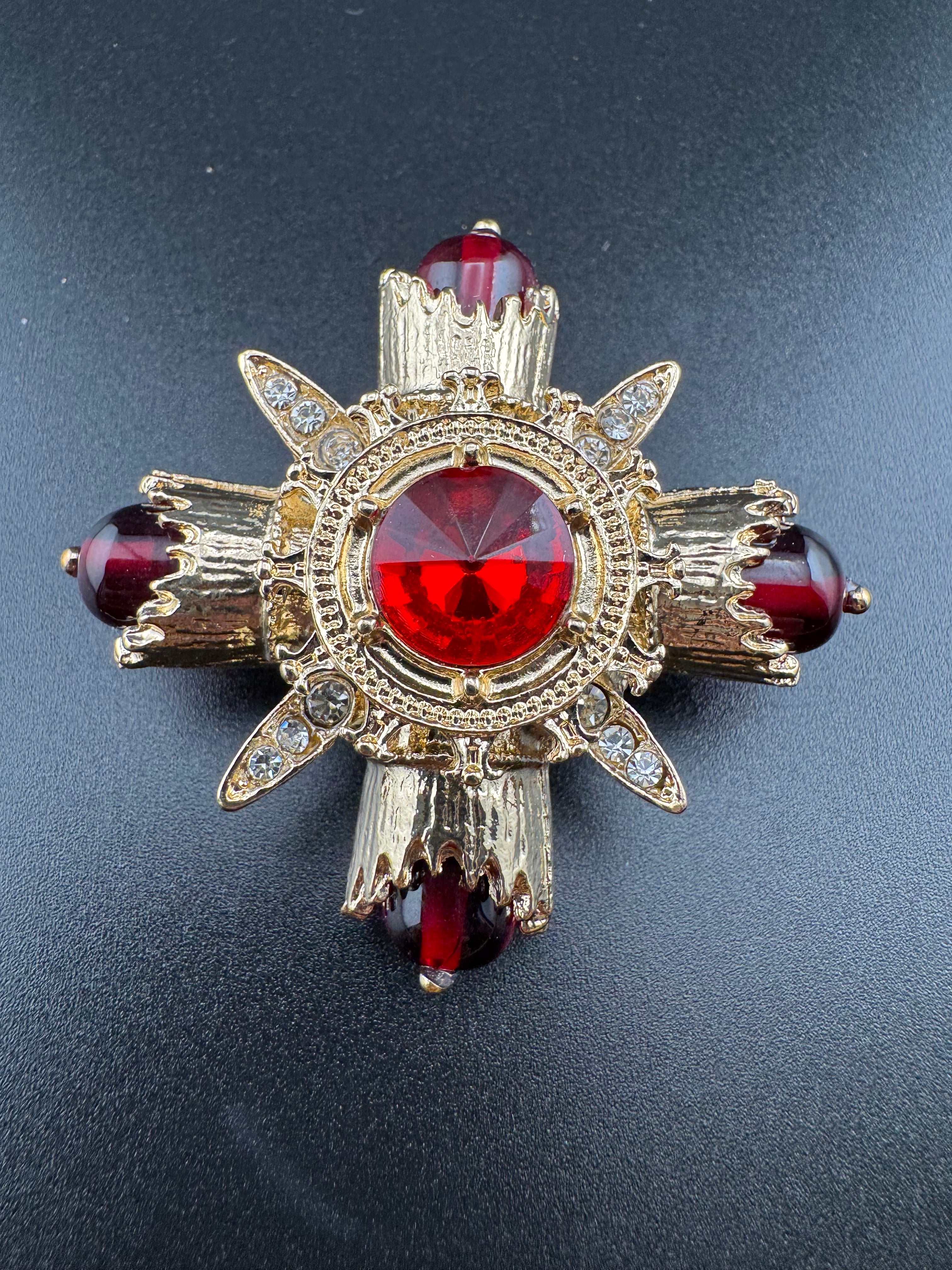 Statement Medieval style gold ruby rhinestone cross brooch