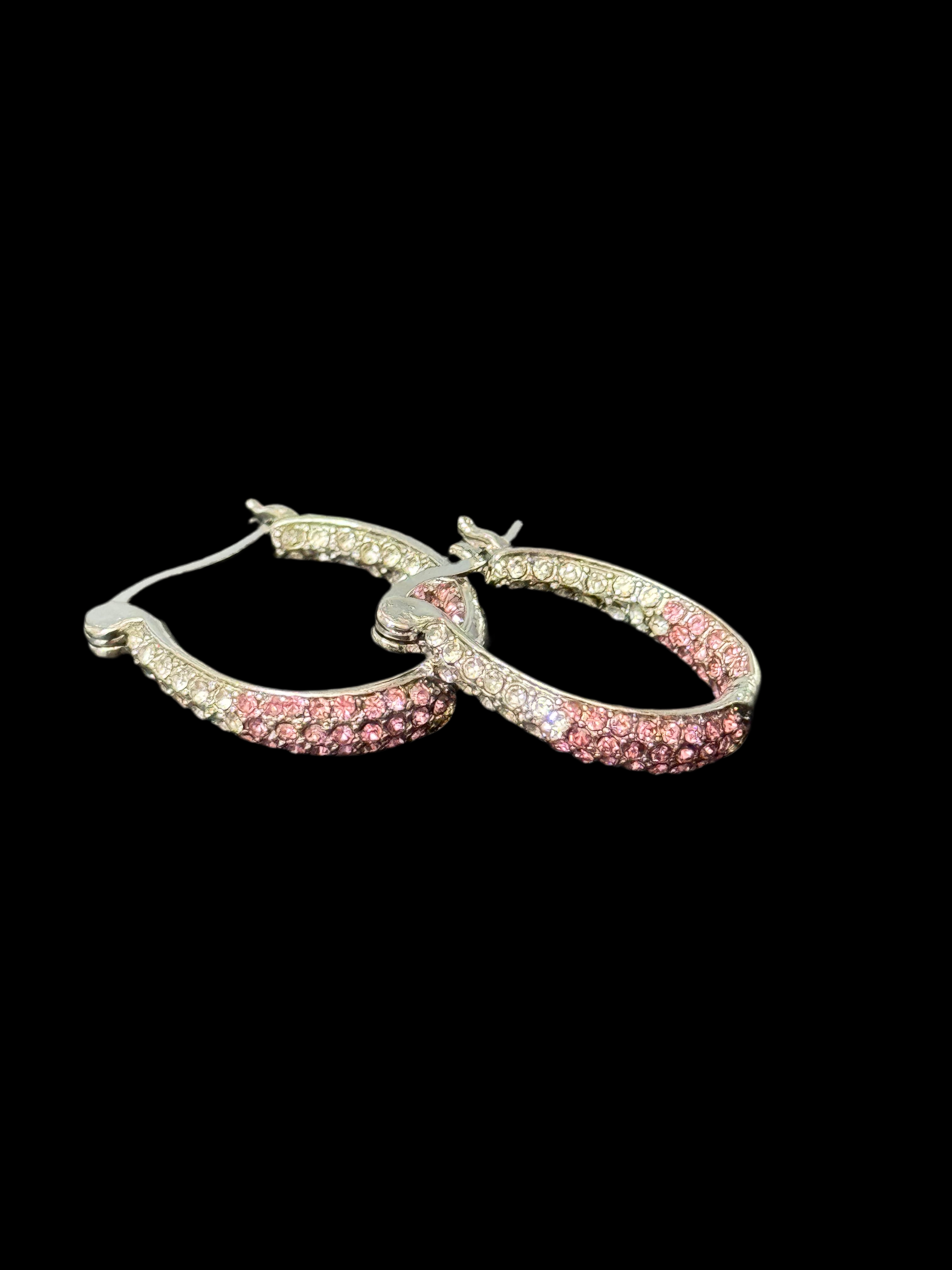 Pink & clear diamanté Crystal silver tone small oval hoop earrings