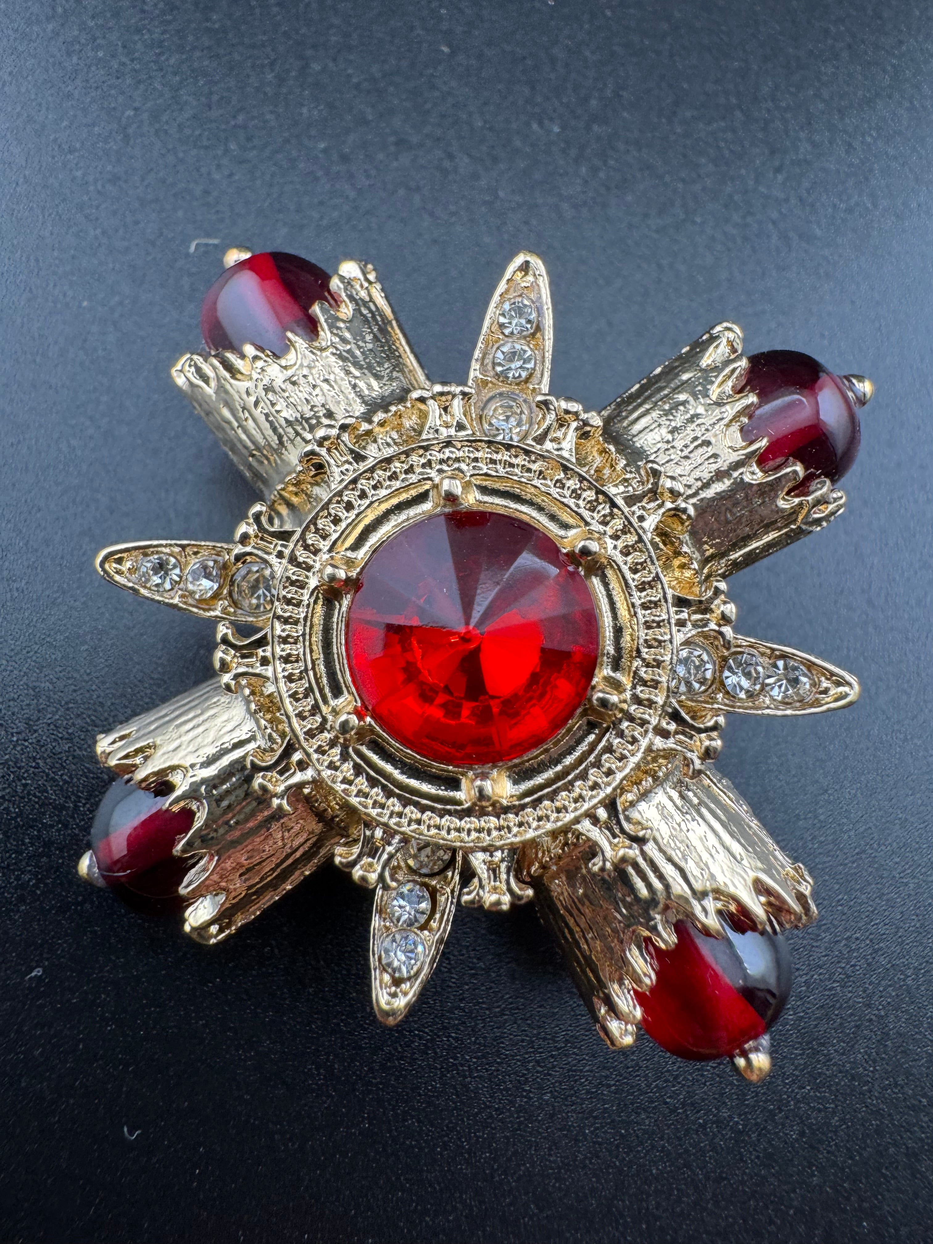 Statement Medieval style gold ruby rhinestone cross brooch