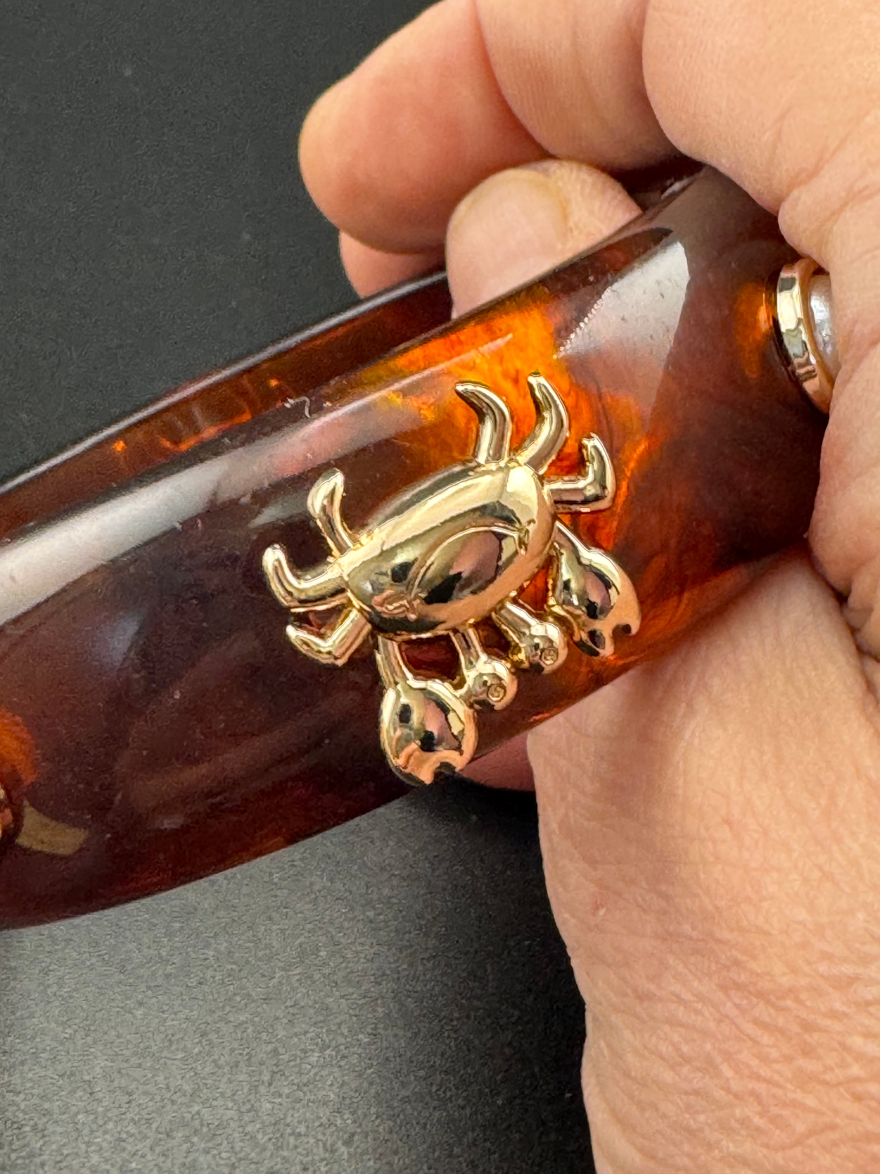 Nautical gold crab faux tortoiseshell wide brown acrylic pearl plastic bangle bracelet