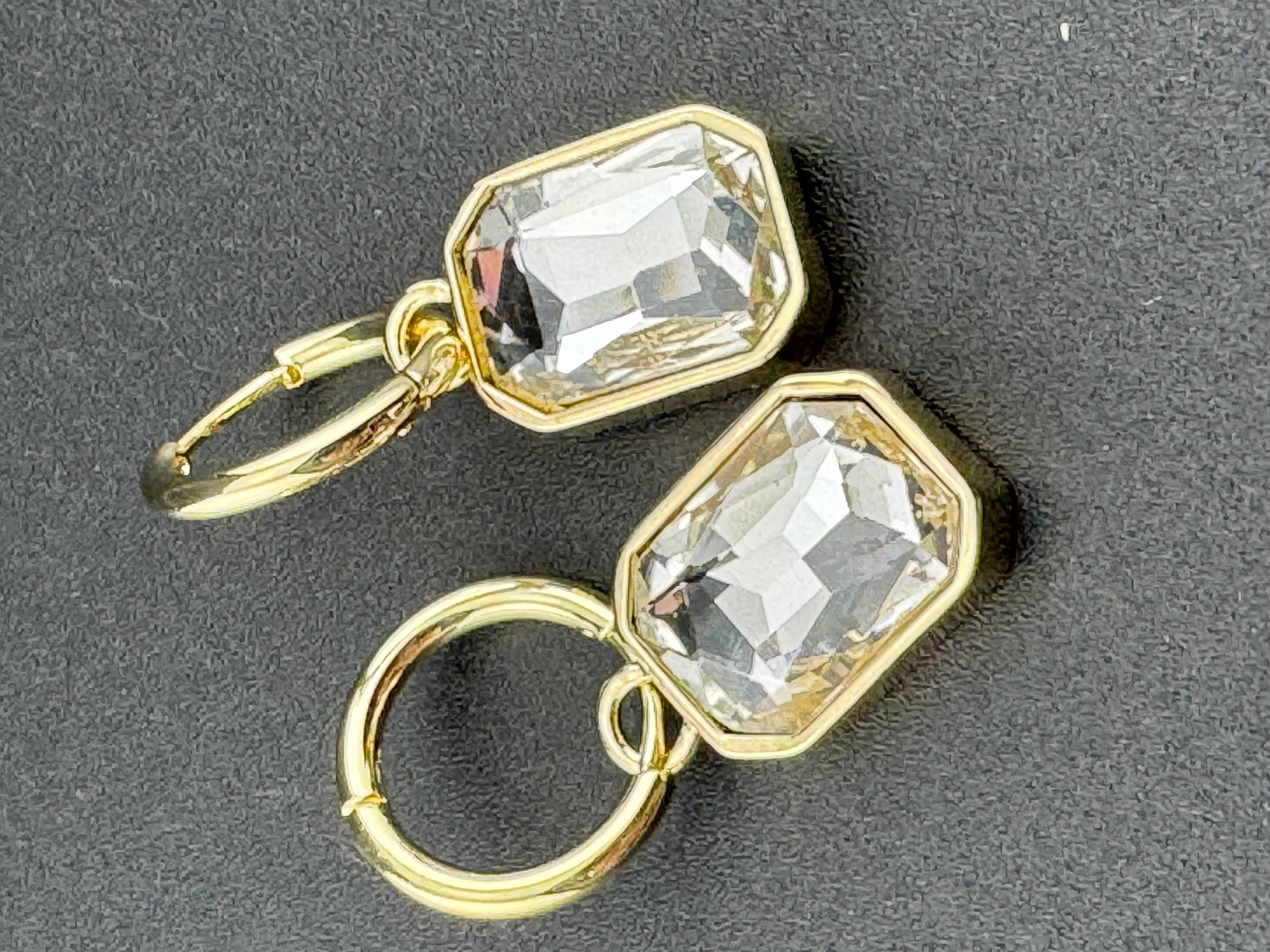 Clear diamond glass crystal octagonal charm small hoop earrings pierced, gold plated